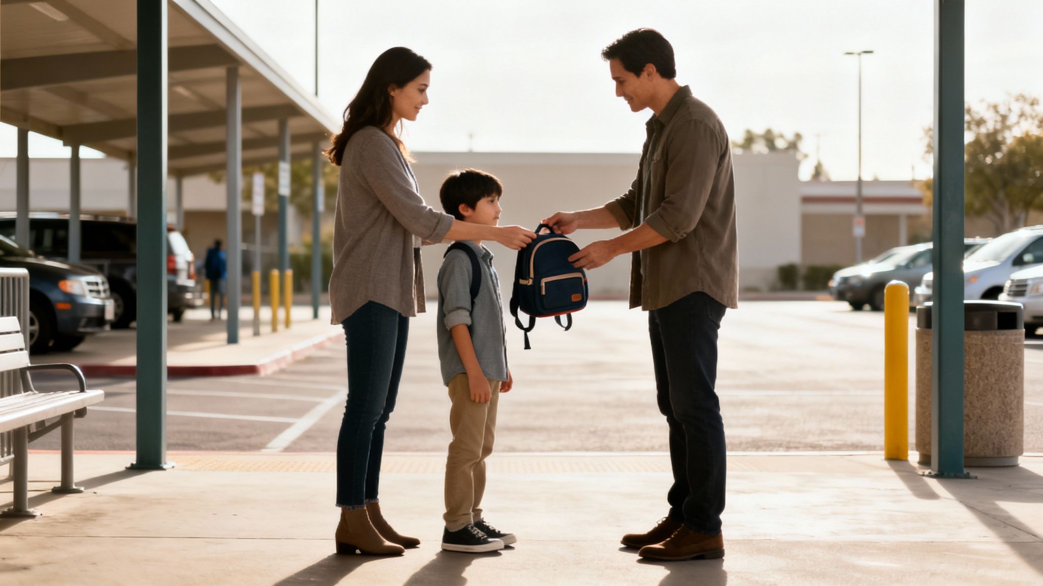 Parents lovingly giving a blue backpack to their young child at a school drop-off area.