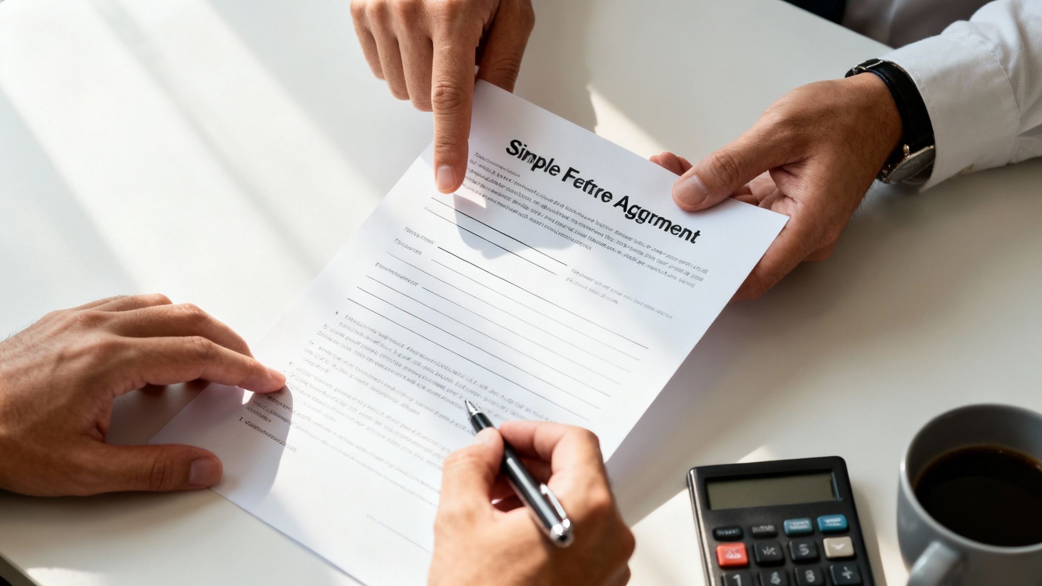 Two people discussing a document titled 'Simple Fetfre Aggrment' with a pen, calculator, and coffee.