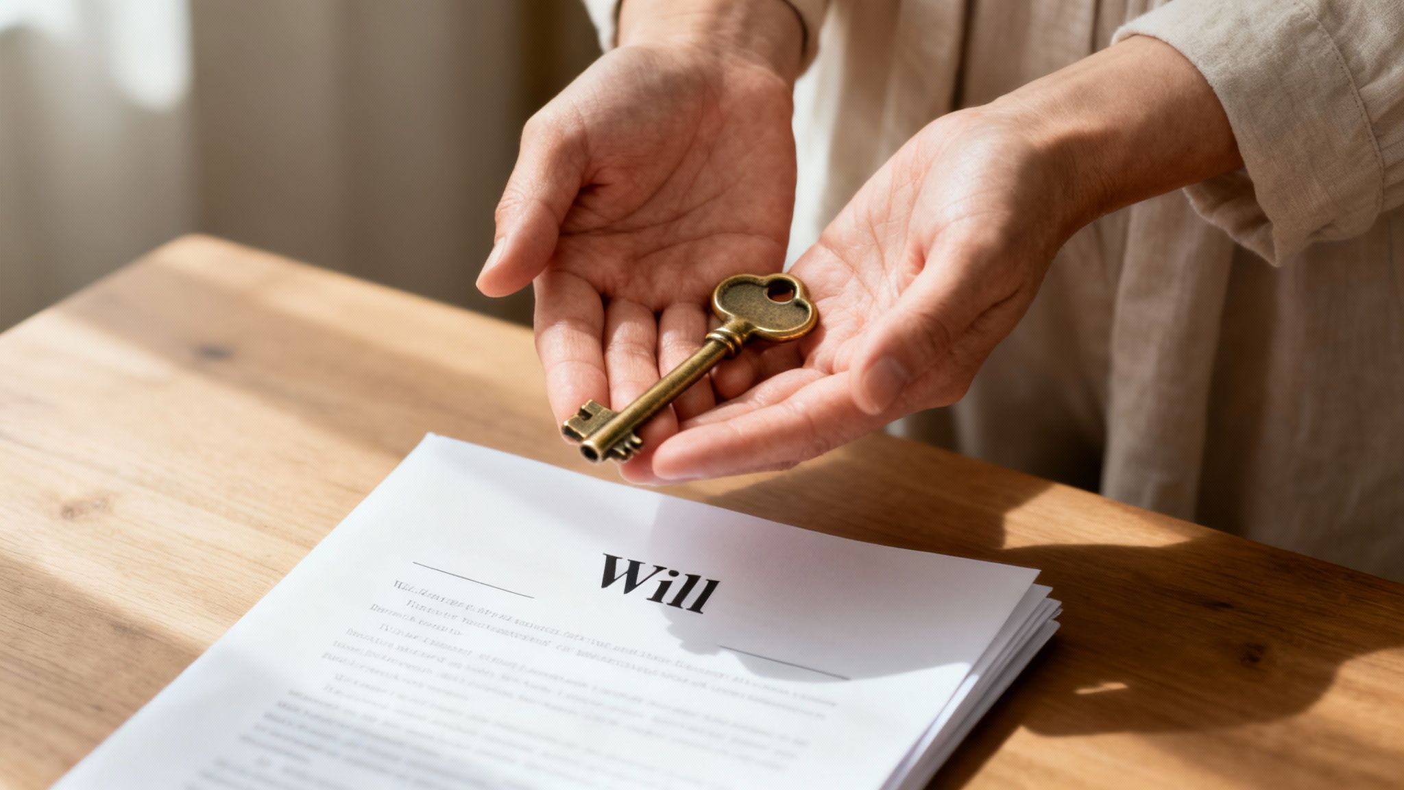 Hands hold a vintage key above a document titled 'Will' on a wooden table.