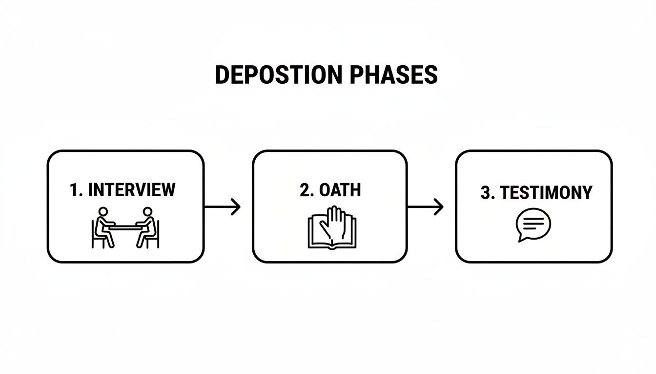 Deposition phases flowchart illustrating three steps: interview, oath, and testimony, relevant to legal preparation and client guidance.