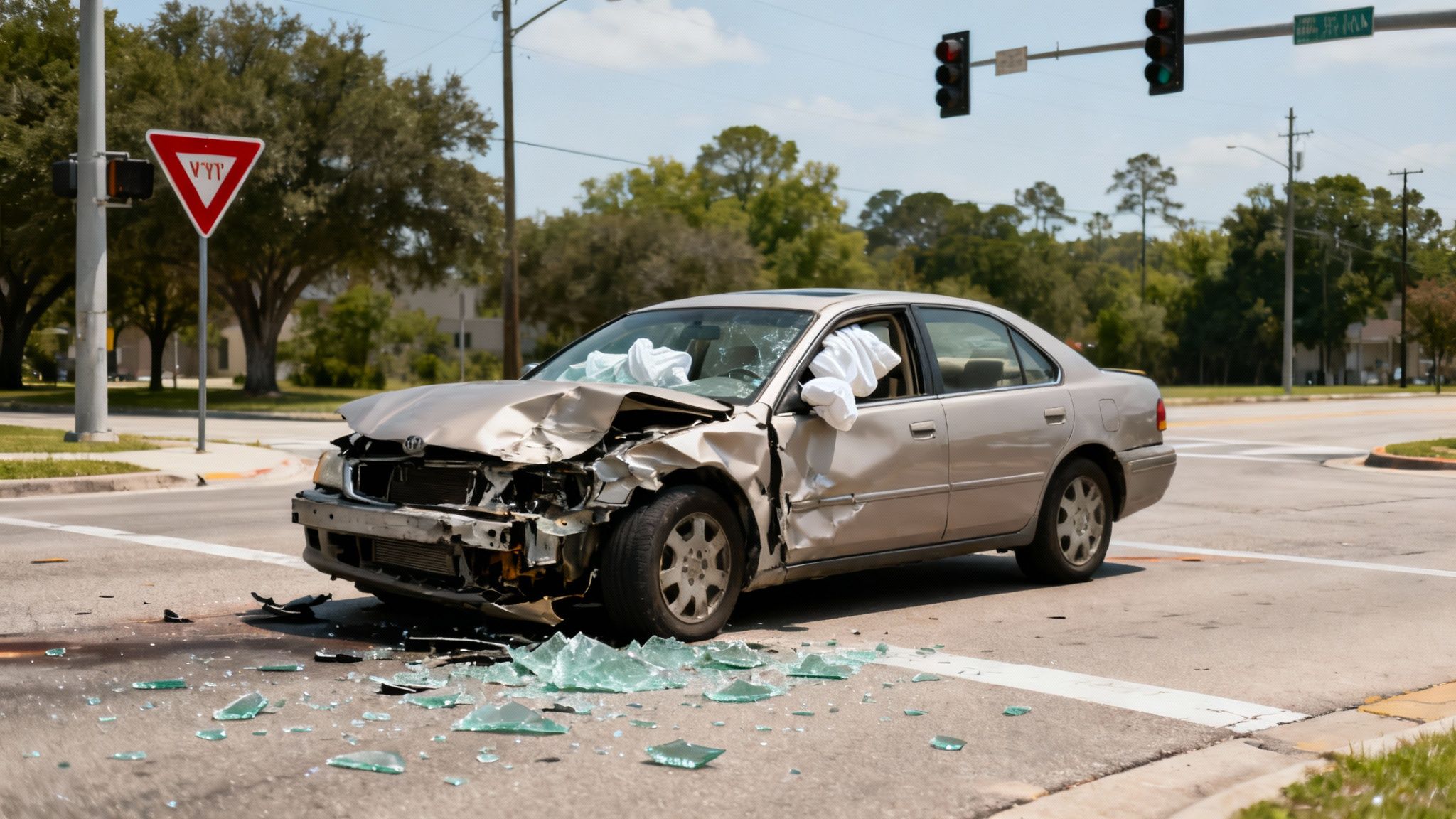 A beige sedan with severe front-end damage and deployed airbags sits on an intersection after a crash.