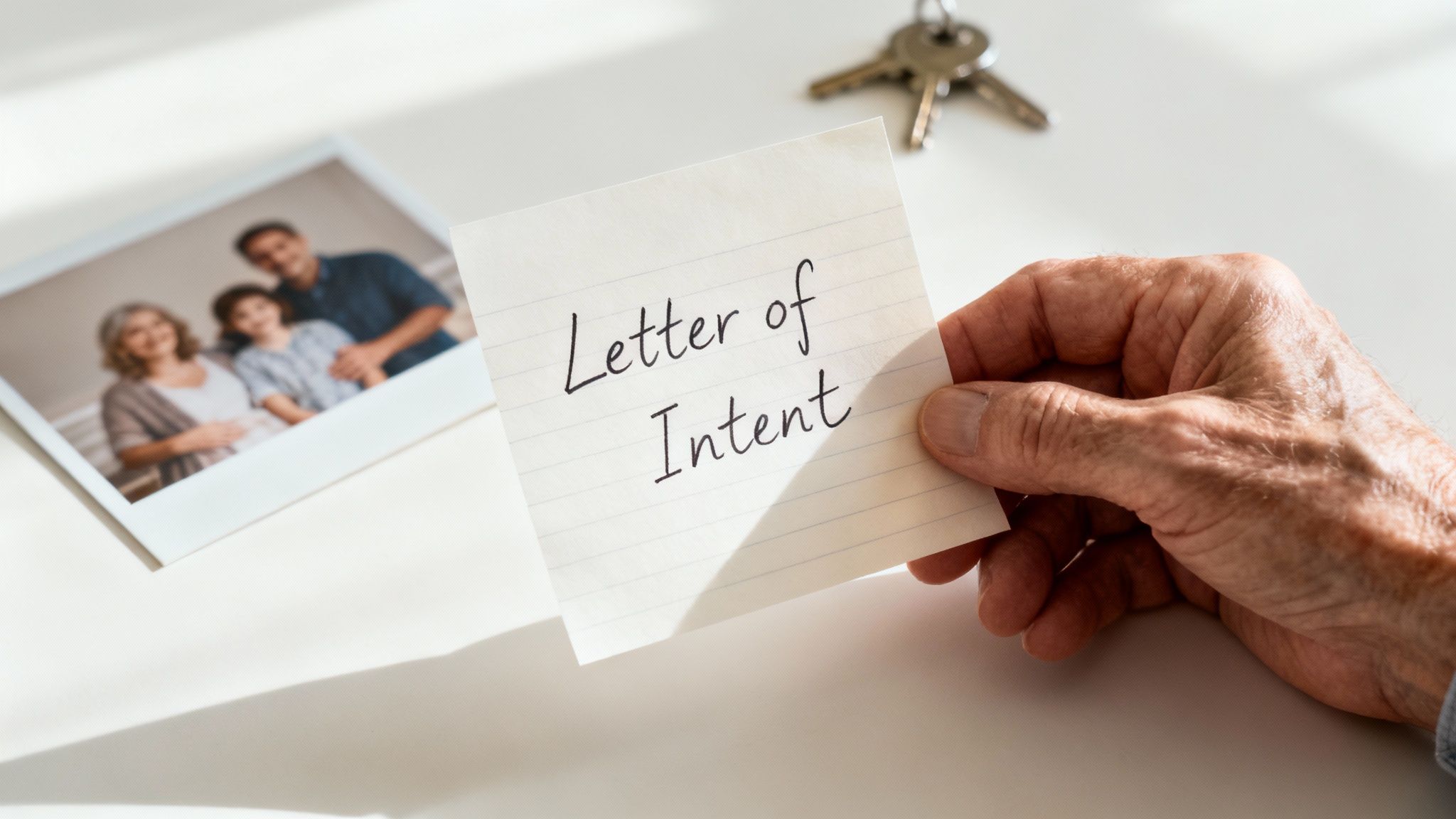 An elderly hand holds a 'Letter of Intent' note, next to a blurred family photo and house keys.