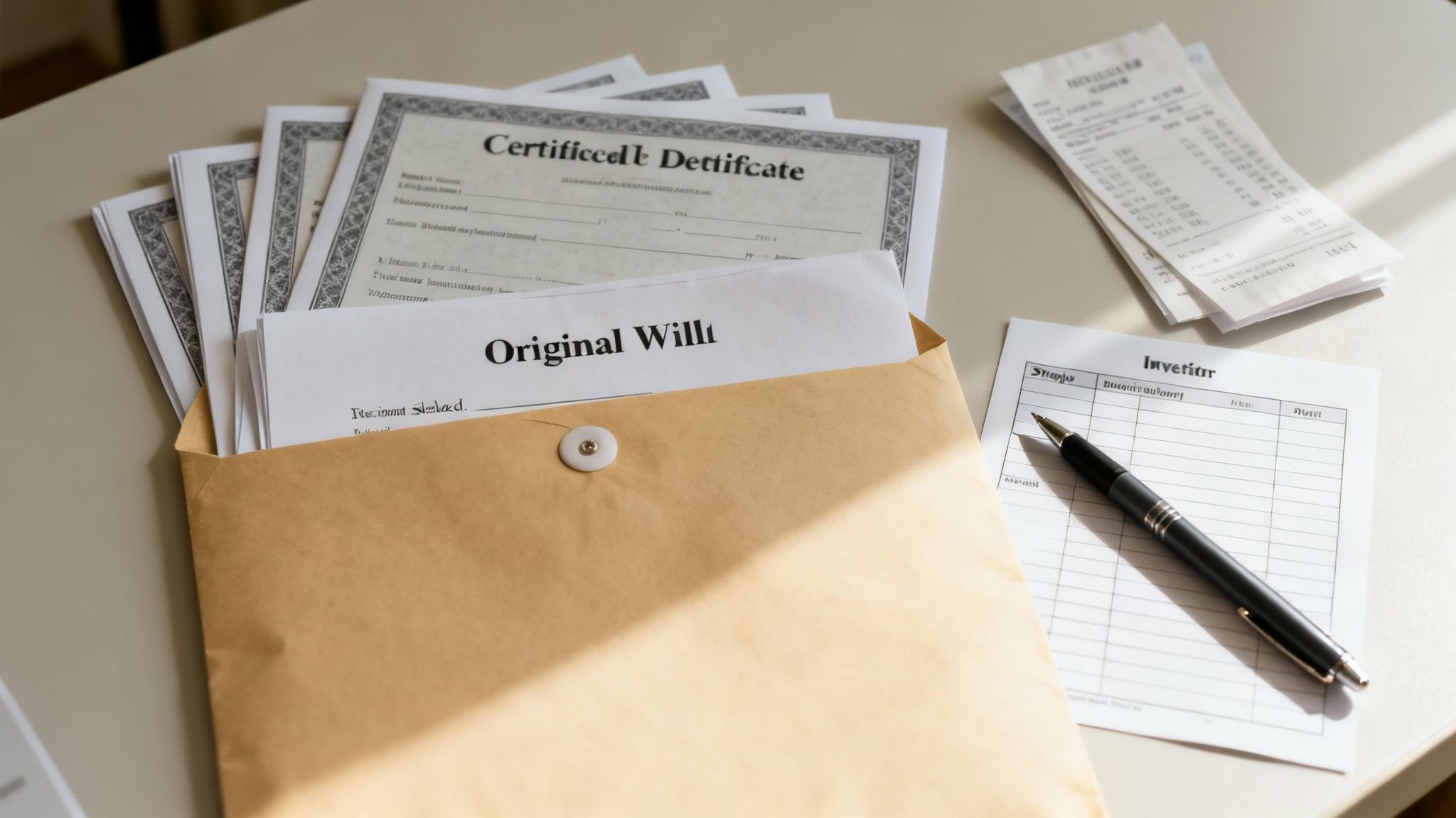 Una mesa con documentos legales importantes: un testamento, certificados, recibos y un formulario financiero.