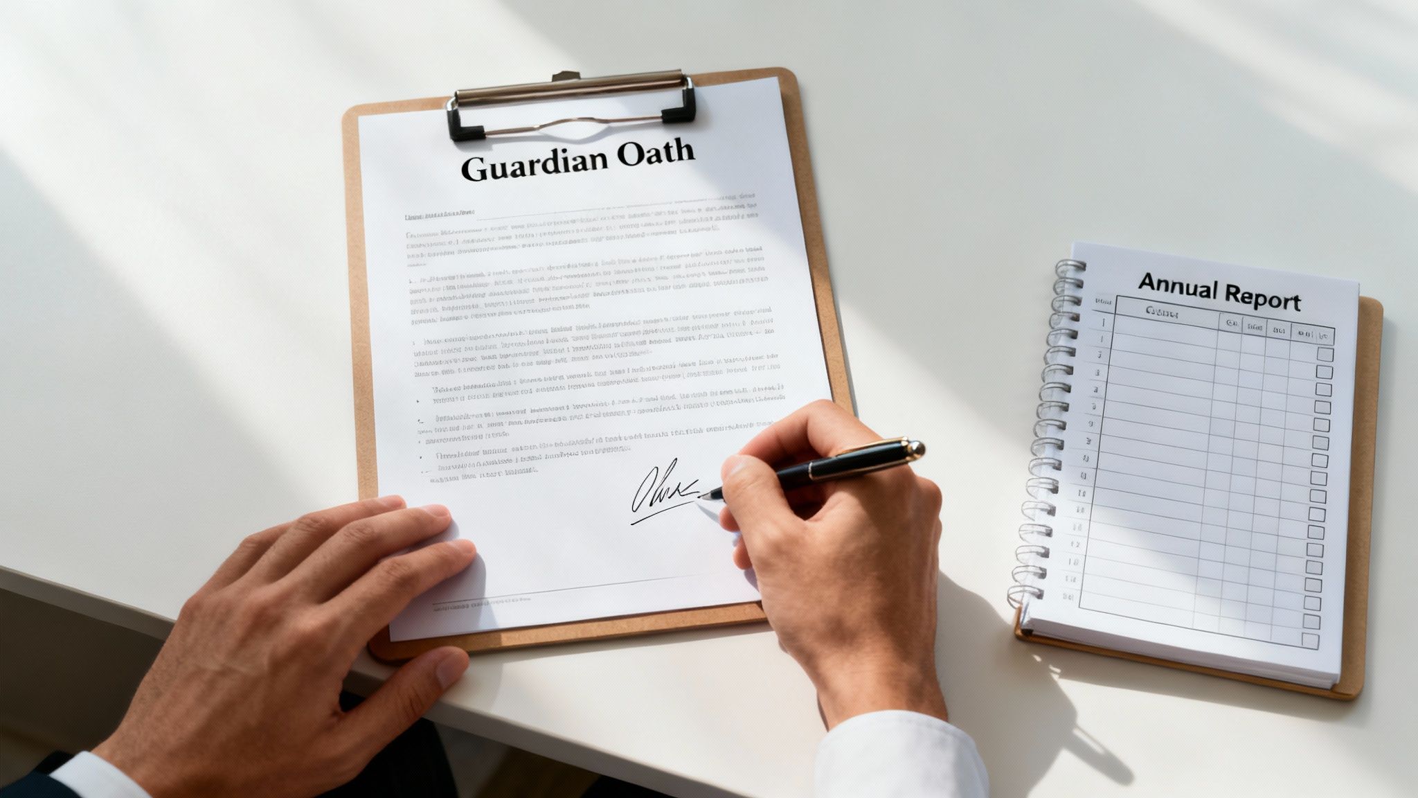 A person signing an official document, symbolizing the legal commitment of guardianship.