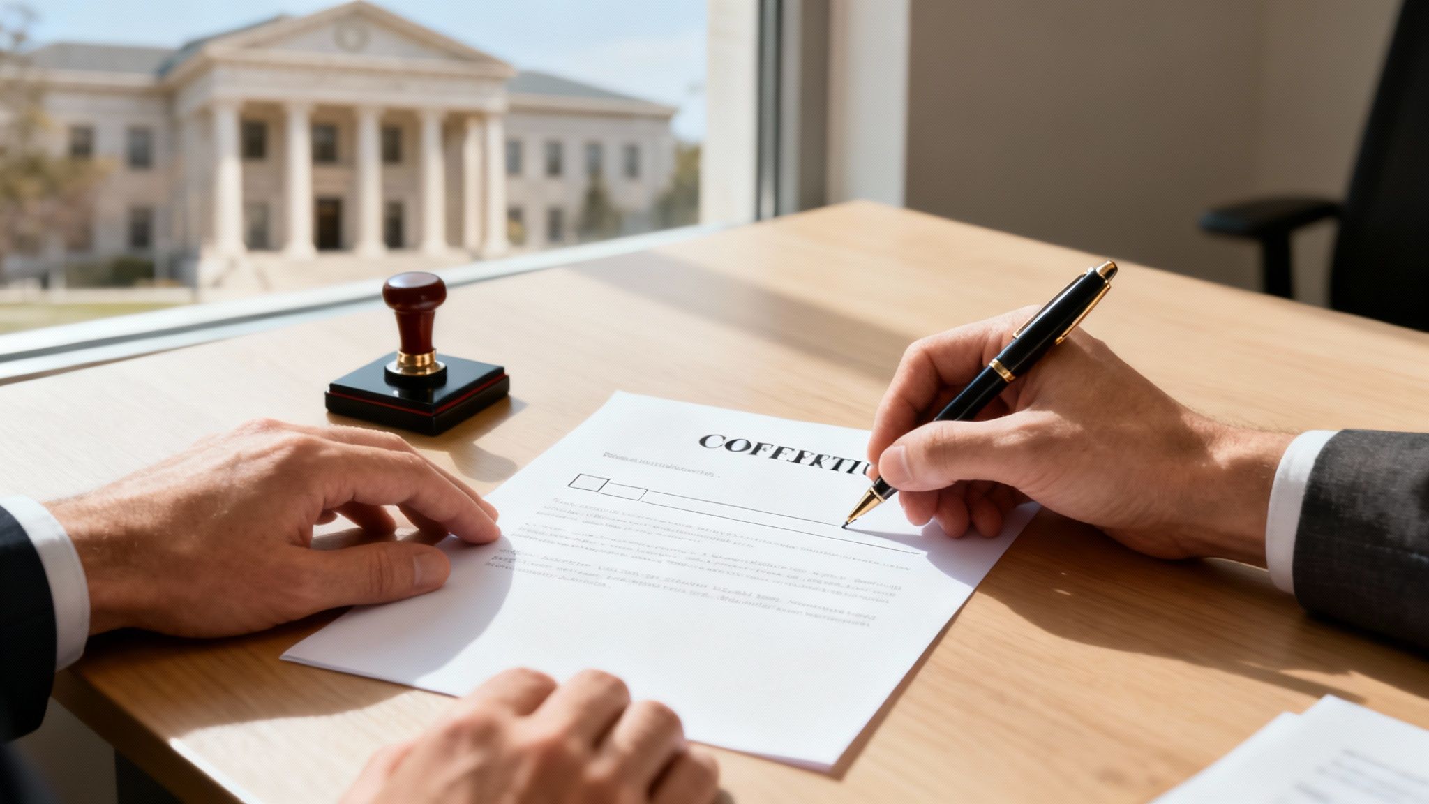 Person signing a legal document with a pen, stamp in foreground, view of courthouse in background, representing estate planning and Lady Bird Deed process.