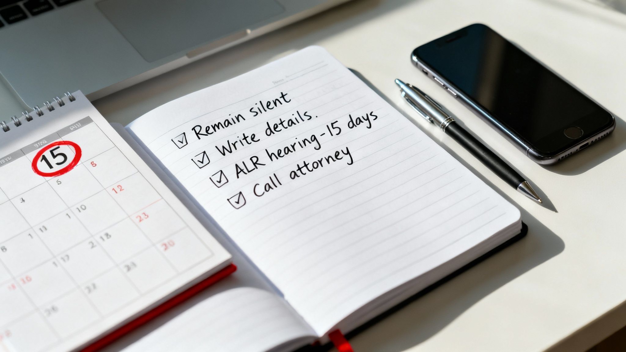 Checklist for DWI arrest steps: remain silent, write details, ALR hearing in 15 days, call attorney, with a calendar marked on the 15th.