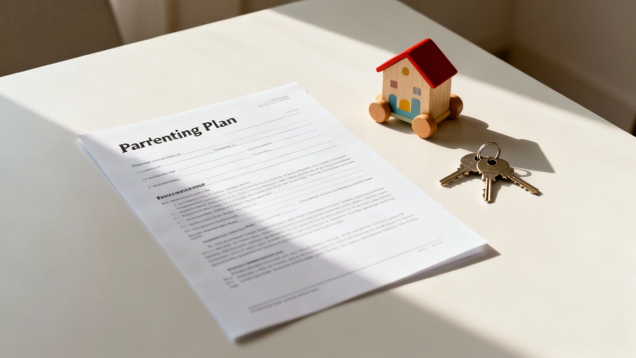 A 'Parenting Plan' document alongside a toy house and keys on a table, symbolizing family decisions.