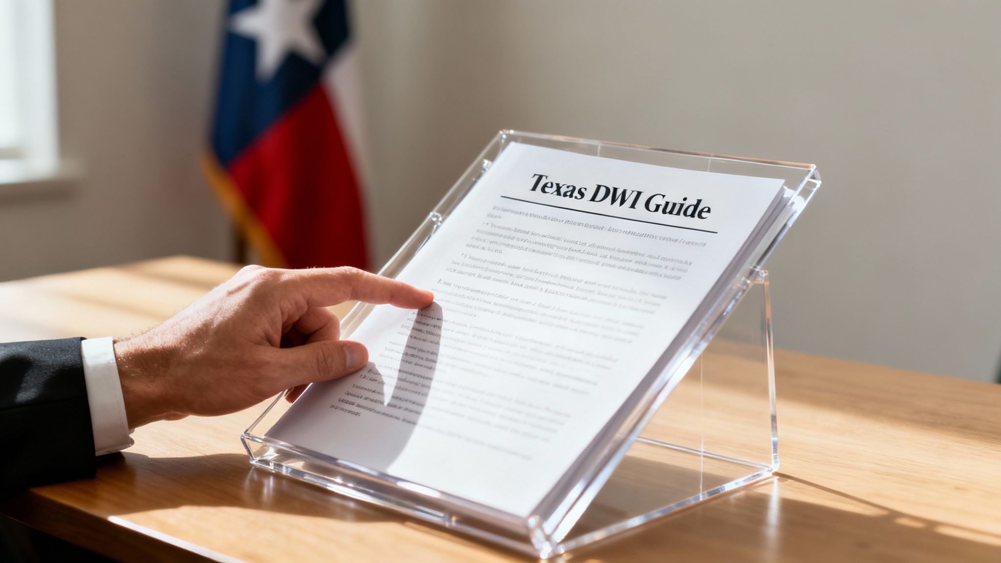 Hand pointing at a Texas DWI Guide document displayed on a clear stand, with a Texas flag in the background, symbolizing legal guidance for DWI penalties in Texas.