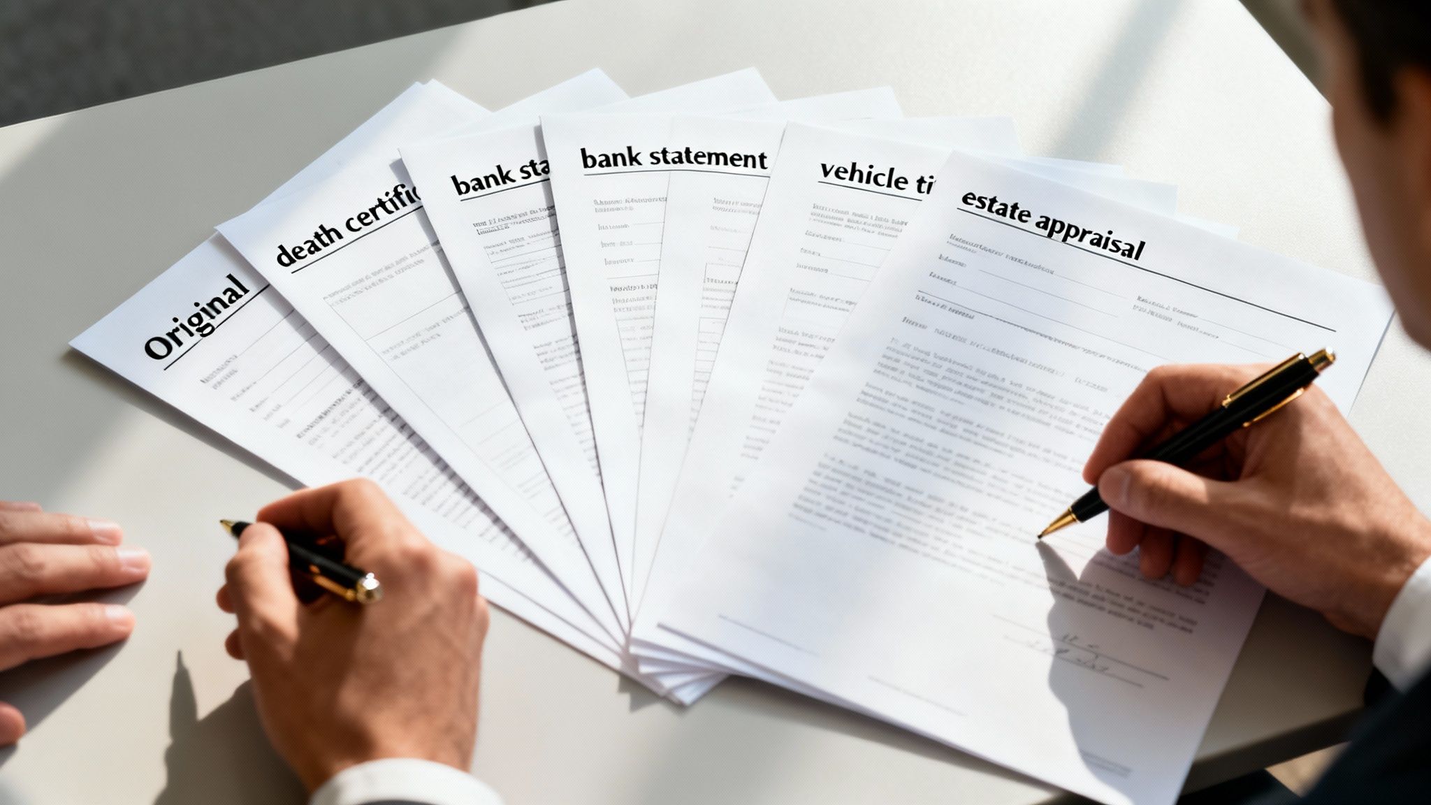 Close-up of a person signing estate appraisal and other legal documents, including death certificates and bank statements.