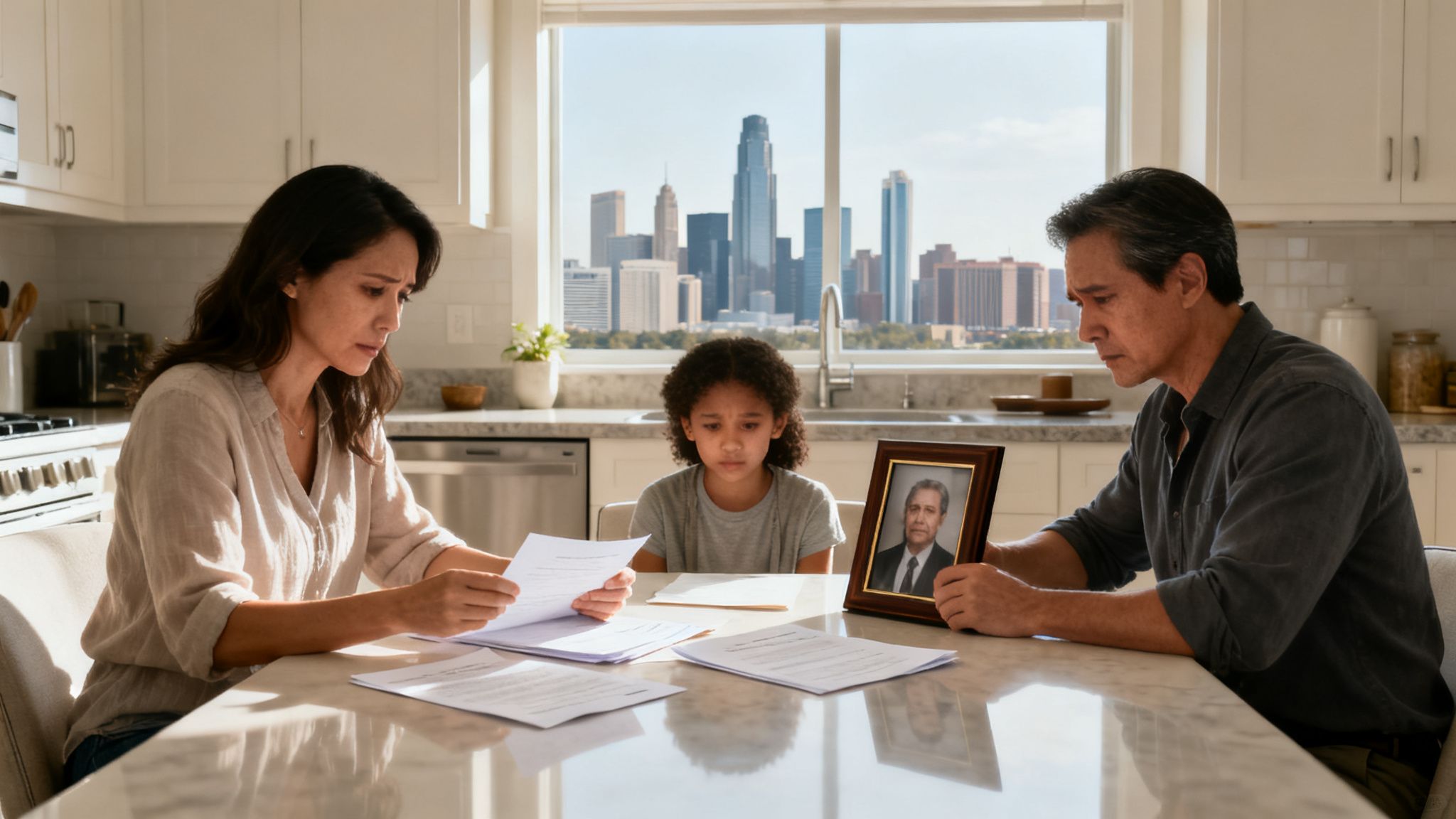 A grieving family sits at a kitchen table, reviewing documents and holding a photo of a deceased man.