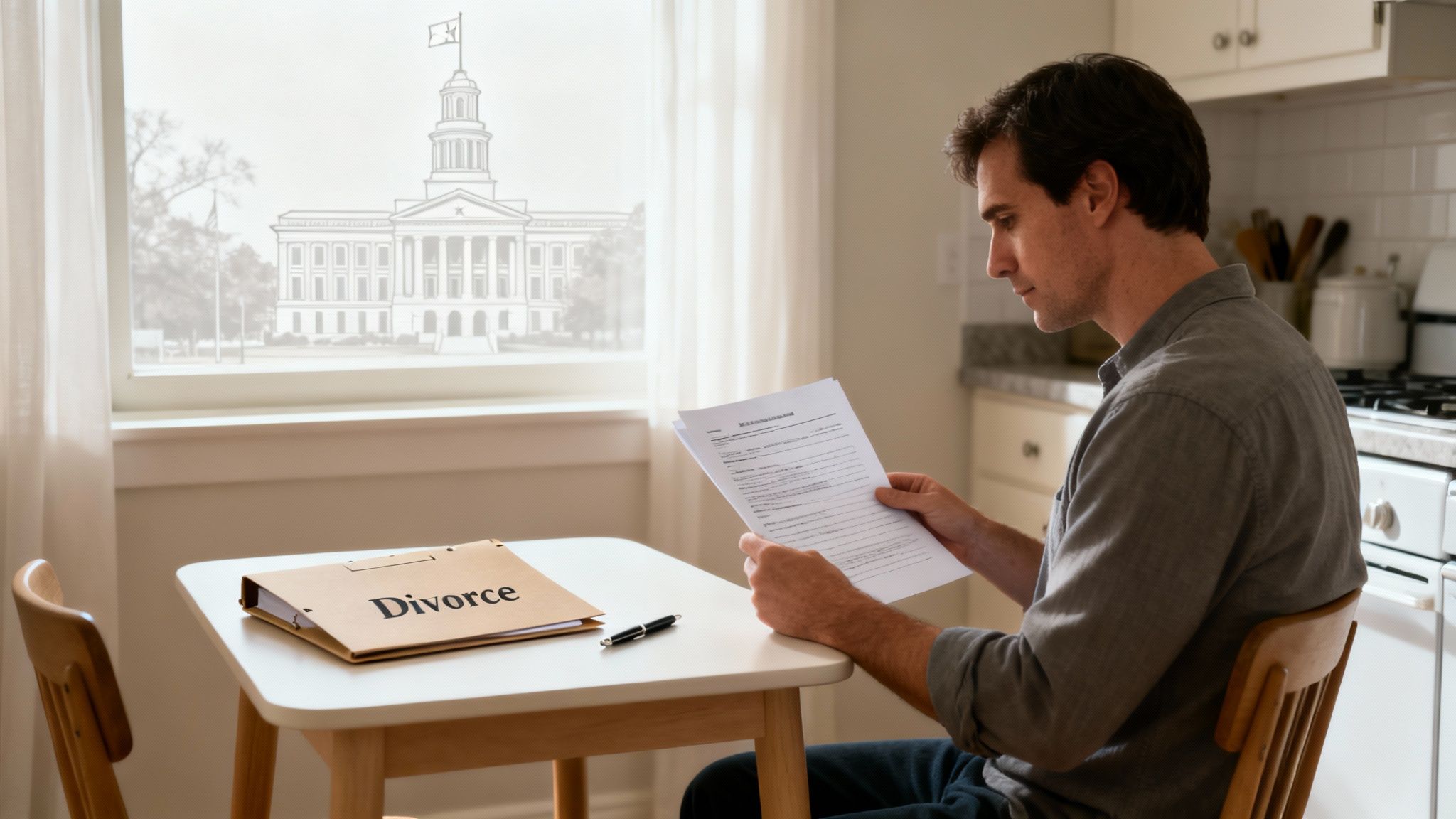 A man at a kitchen table reads divorce papers, with a "Divorce" folder and a courthouse visible through the window.