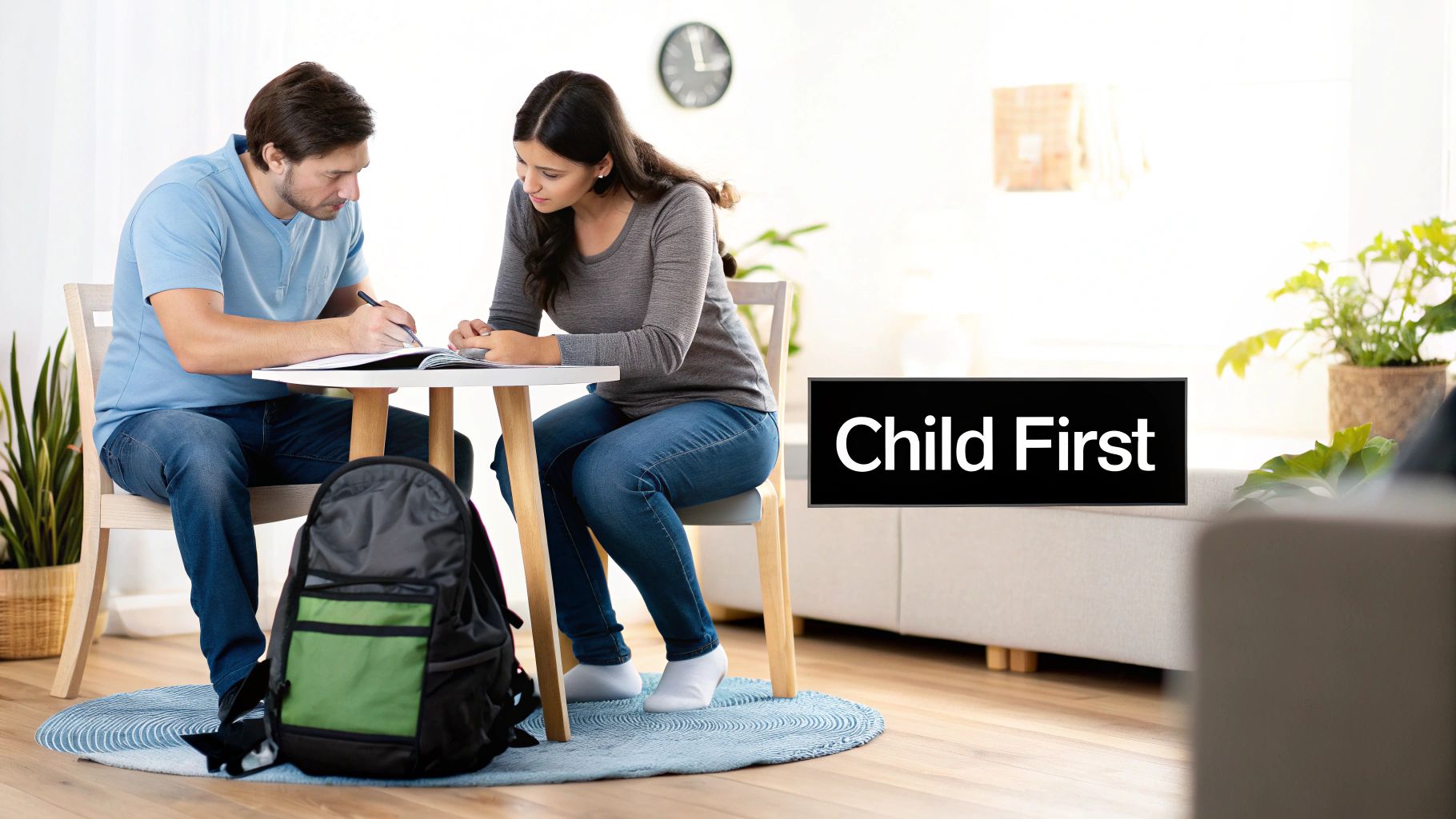 A father and his young child walking hand-in-hand through a sunlit field, representing family stability.