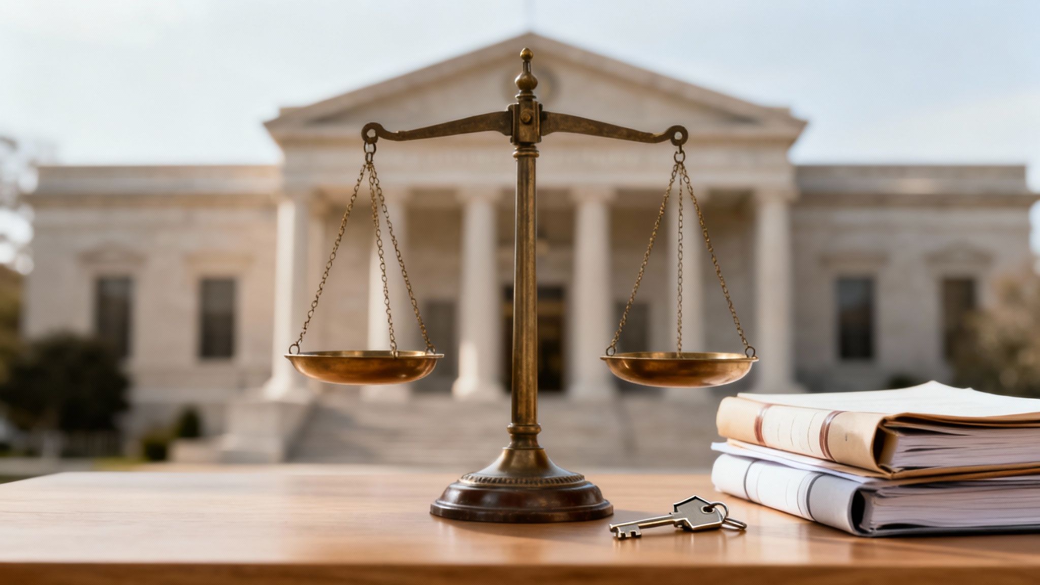 Scale of justice on a table with legal books, a house key, and a courthouse in the background.