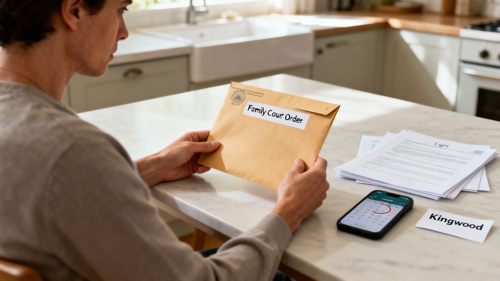 A man holds a 'Family Court Order' envelope, looking at legal documents on a counter.