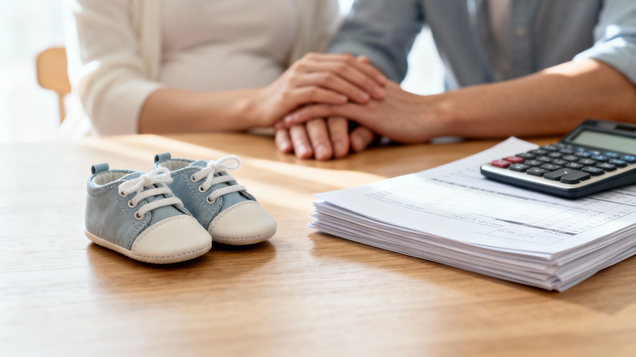 A pregnant couple holds hands over a table with baby shoes, papers, and a calculator.