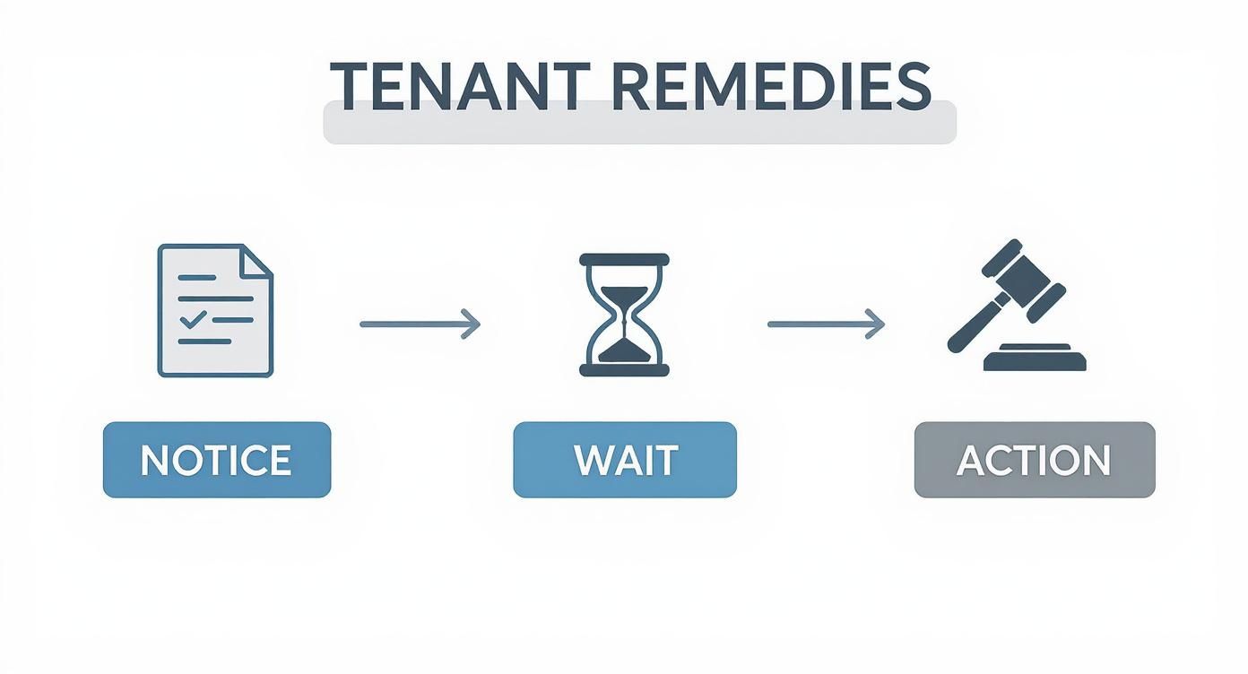 Tenant remedies process diagram illustrating three steps: Notice, Wait, and Action, with corresponding icons for each stage.