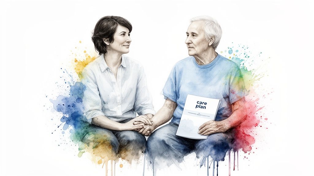 Woman and elderly man holding hands, discussing care plan for elderly care, emphasizing support and guardianship options.