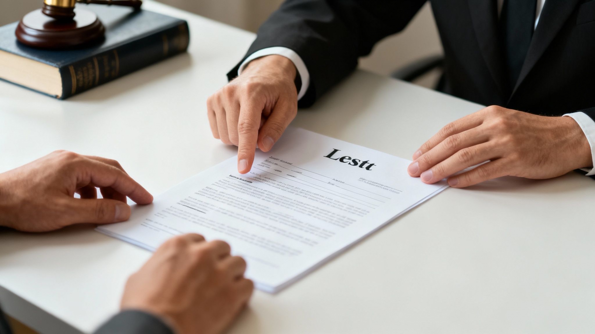 Lawyer pointing at legal document during consultation, with gavel and law book in background, illustrating tenant rights and eviction process in Texas.