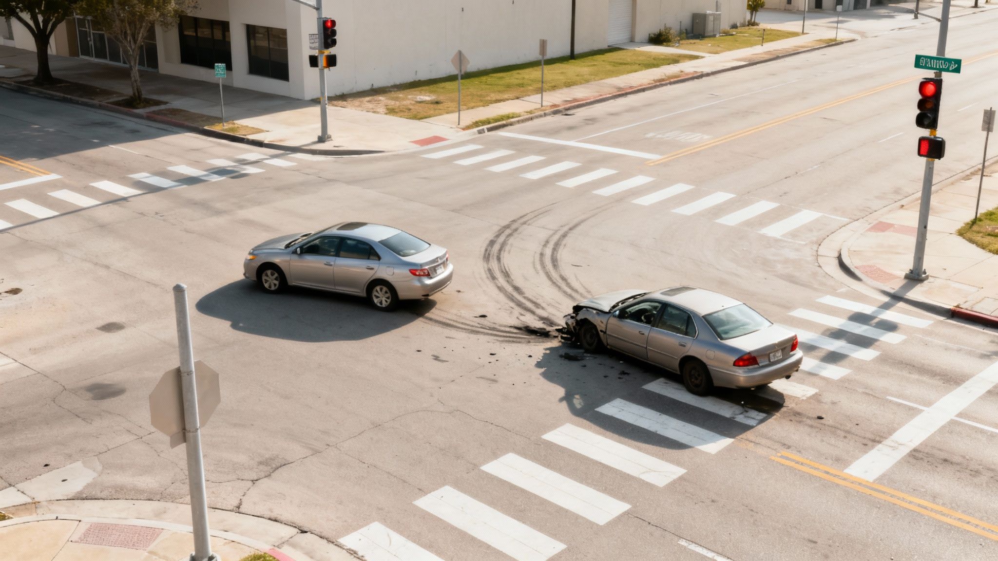 Two cars involved in intersection collision with visible damage and skid marks on road