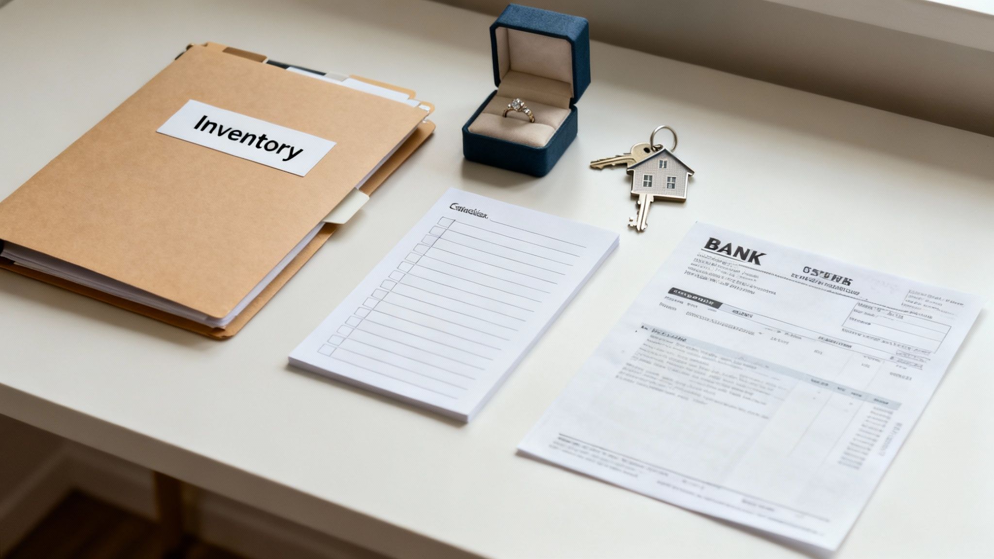 A person organizing financial documents on a desk