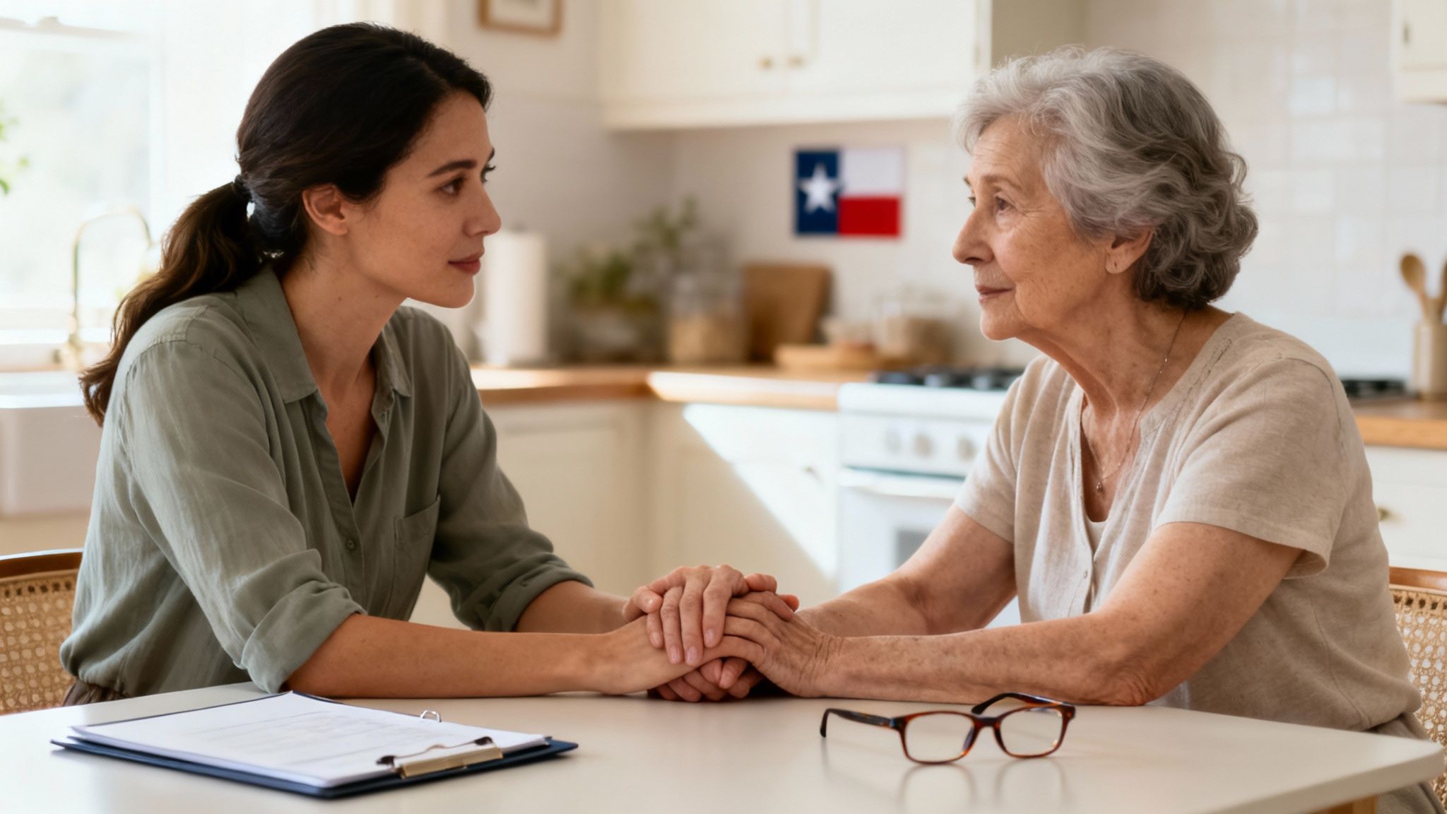 Young woman and elderly woman holding hands in a kitchen, discussing emotional support and guardianship in Texas, with a Texas flag visible in the background.