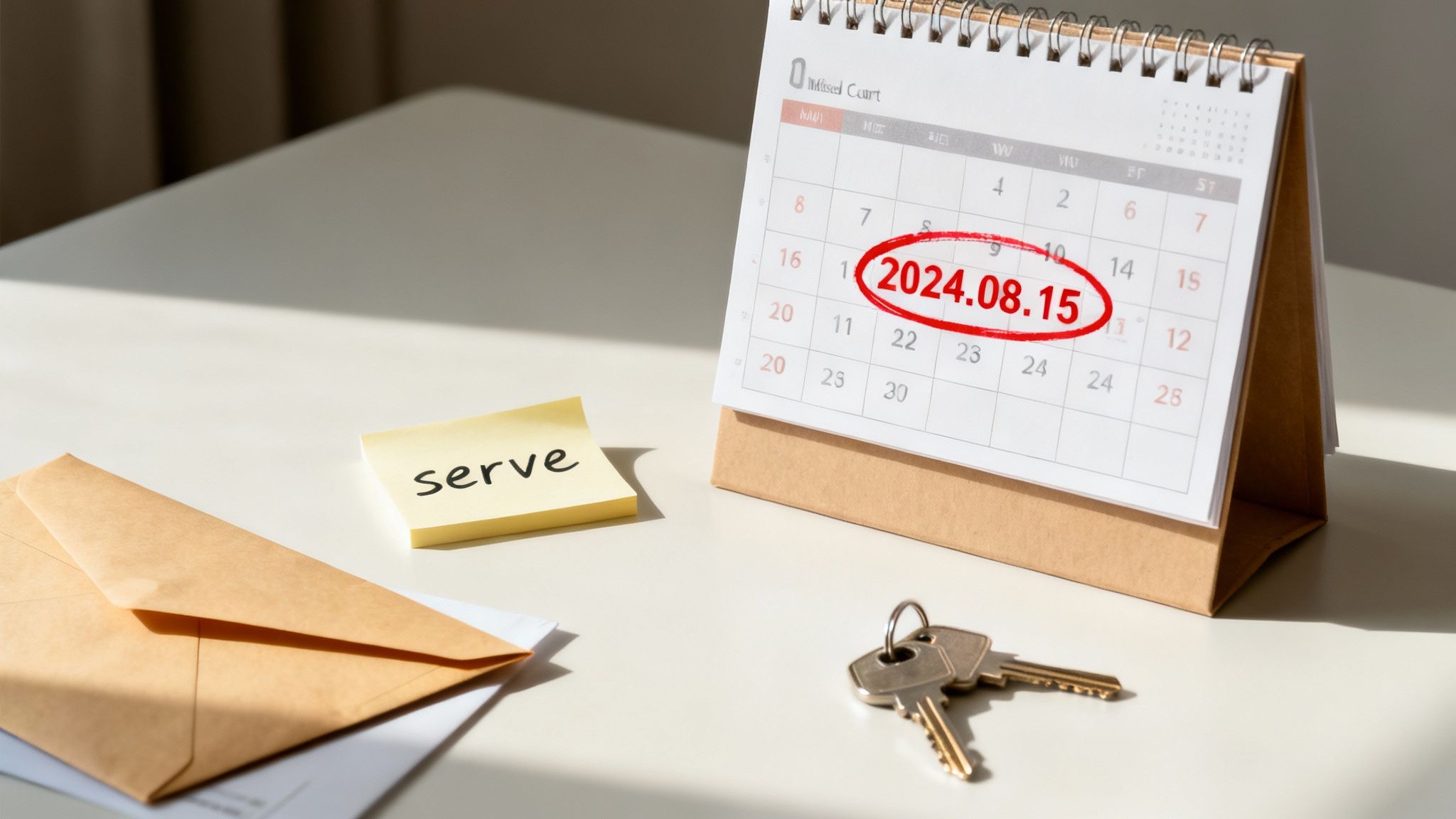 Calendar marked with the date 2024.08.15, sticky note labeled "serve," envelope, and keys, symbolizing legal deadlines and case management in Texas.