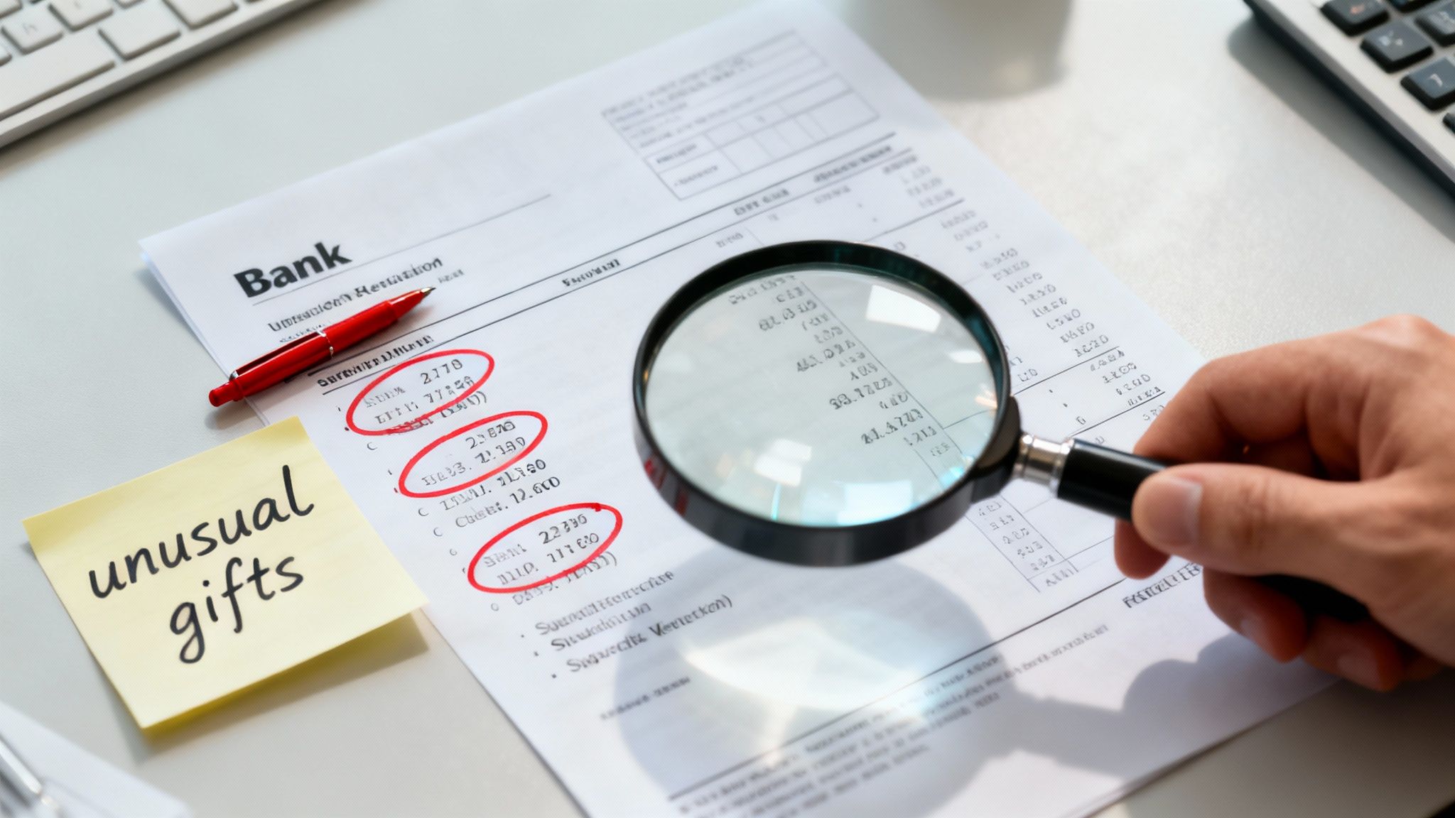 Magnifying glass inspecting bank statement with unusual gifts highlighted, emphasizing financial scrutiny and potential power of attorney abuse.