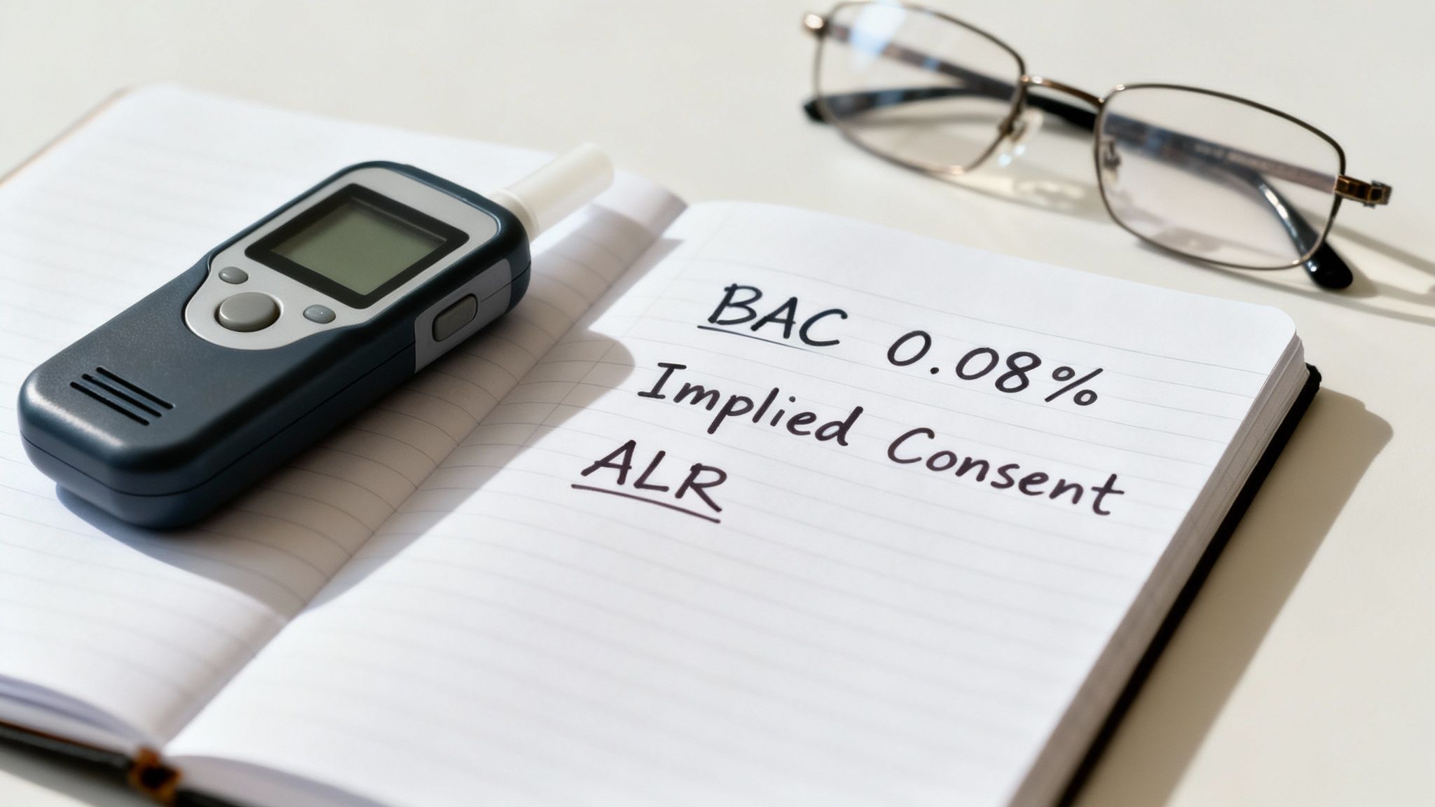 Breathalyzer device next to notebook with handwritten terms "BAC 0.08%", "Implied Consent", and "ALR", relevant to Texas DWI laws and legal processes.