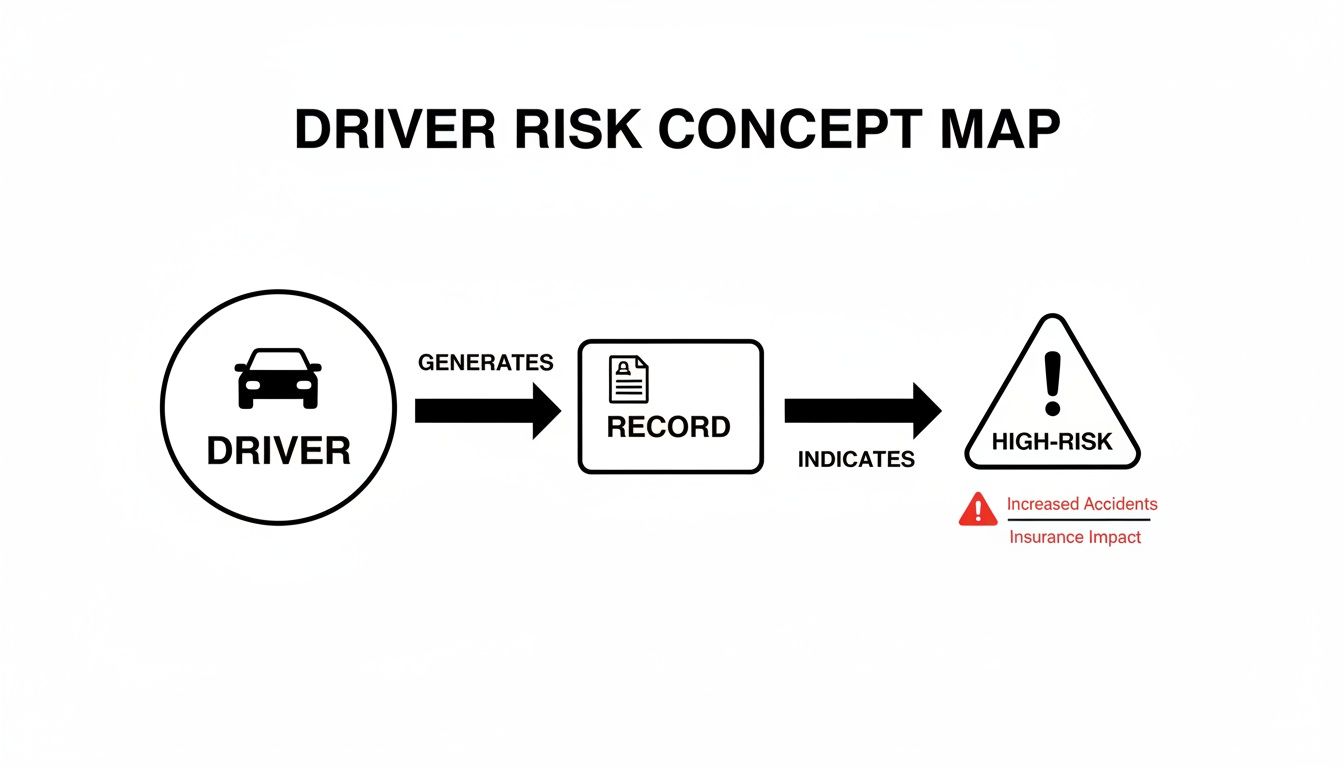 A concept map showing a driver generating a record, which indicates high-risk leading to increased accidents and insurance impact.