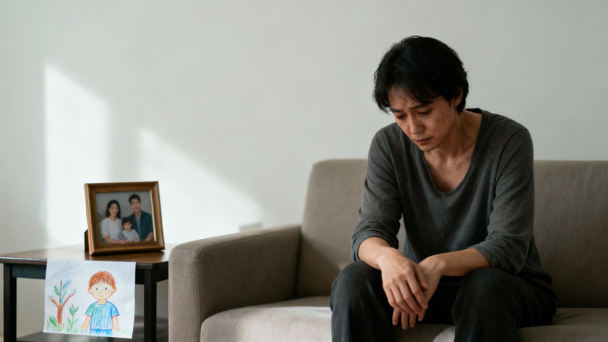 Sad man sitting on couch looking at family photos and child's drawing