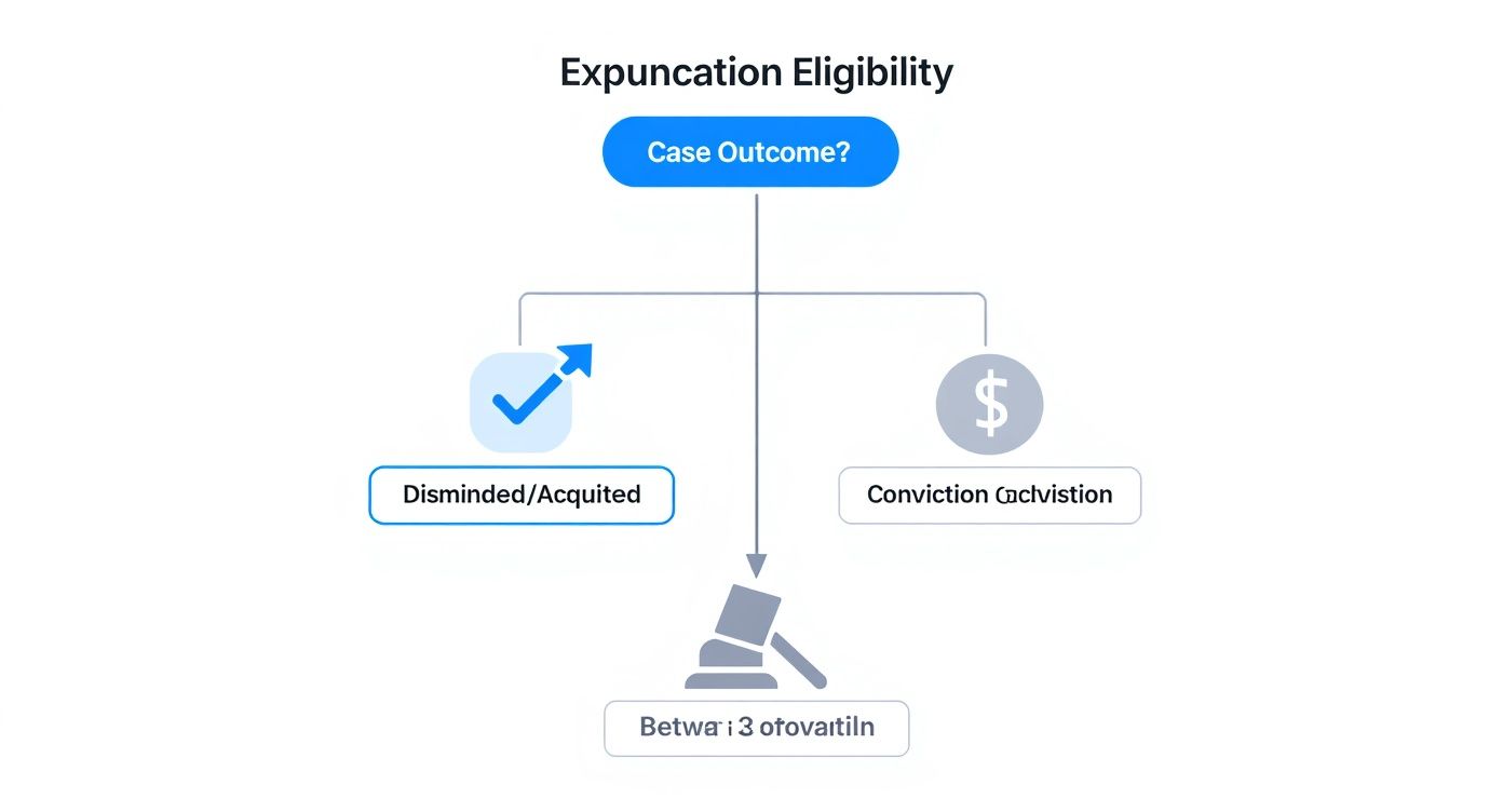 An infographic decision tree shows the two main paths for a criminal case outcome. One branch, labeled 'Dismissed/Acquitted,' leads to a checkmark, indicating expunction eligibility. The other branch, labeled 'Conviction,' leads to a gavel, indicating a different path.