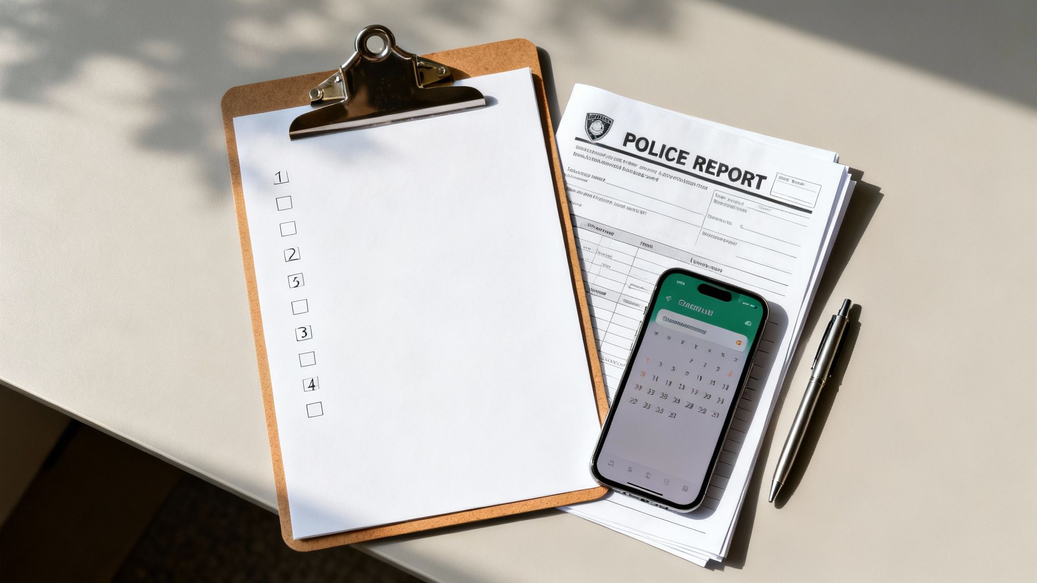 A flat lay of police report forms, a checklist on a clipboard, a smartphone calendar, and a pen on a desk.