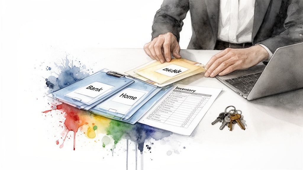 A person reviewing bank, home, and inventory documents with a laptop and keys, symbolizing estate planning.