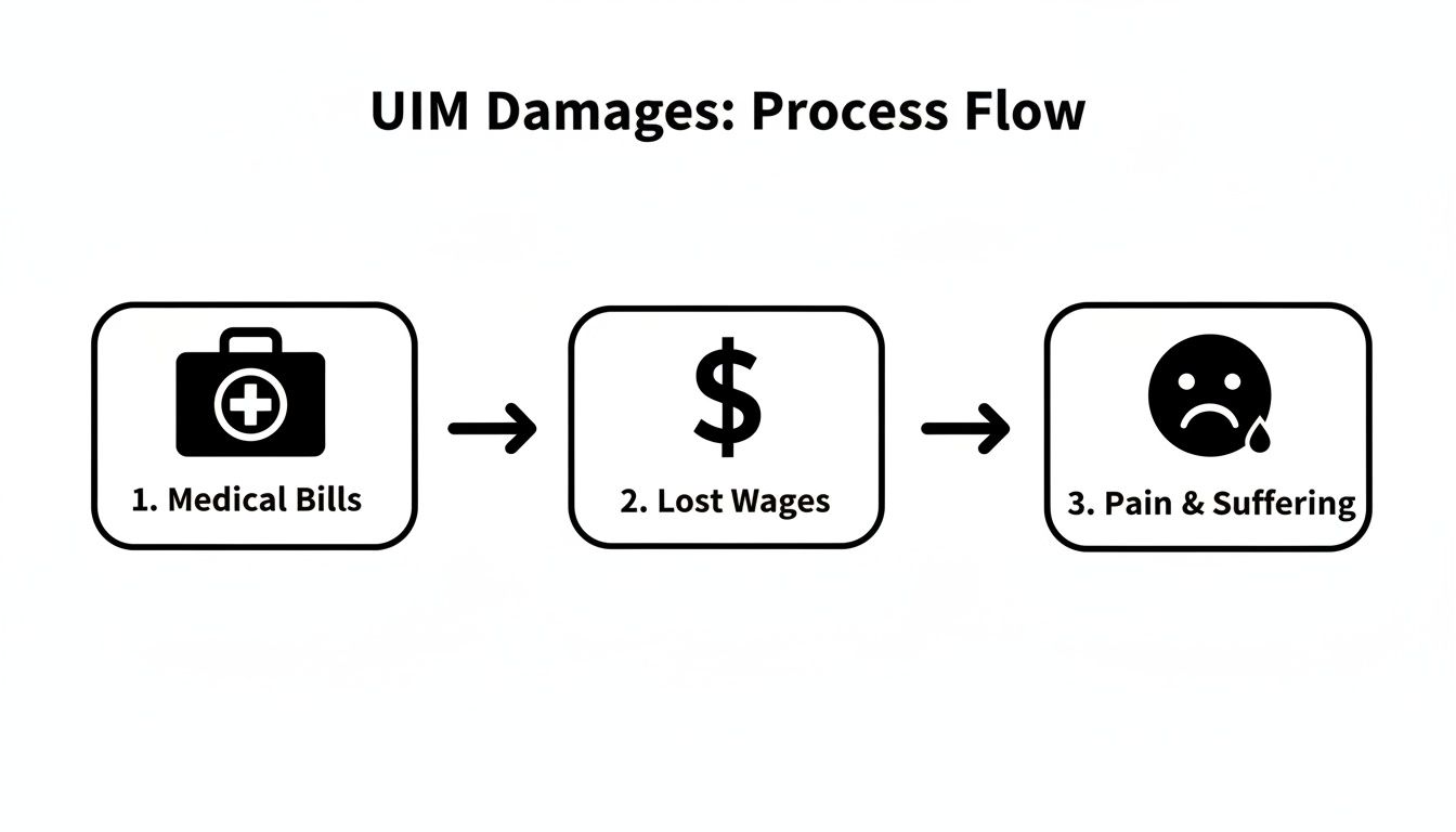 A flow chart illustrating UIM damages process: medical bills, lost wages, and pain and suffering.