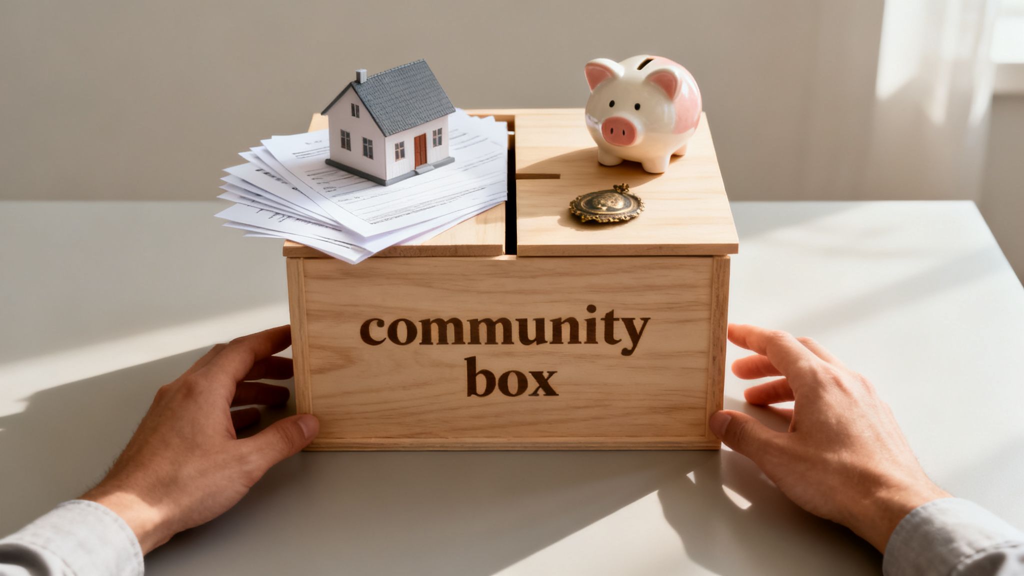 Manos sosteniendo una caja de madera para la comunidad, con una casa en miniatura, papeles, hucha y medalla encima.