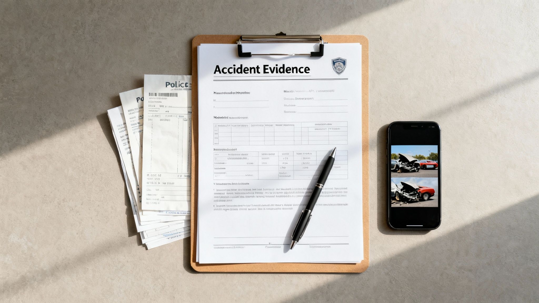 Flat lay with accident evidence form, police documents, a pen, and smartphone showing crashed cars.