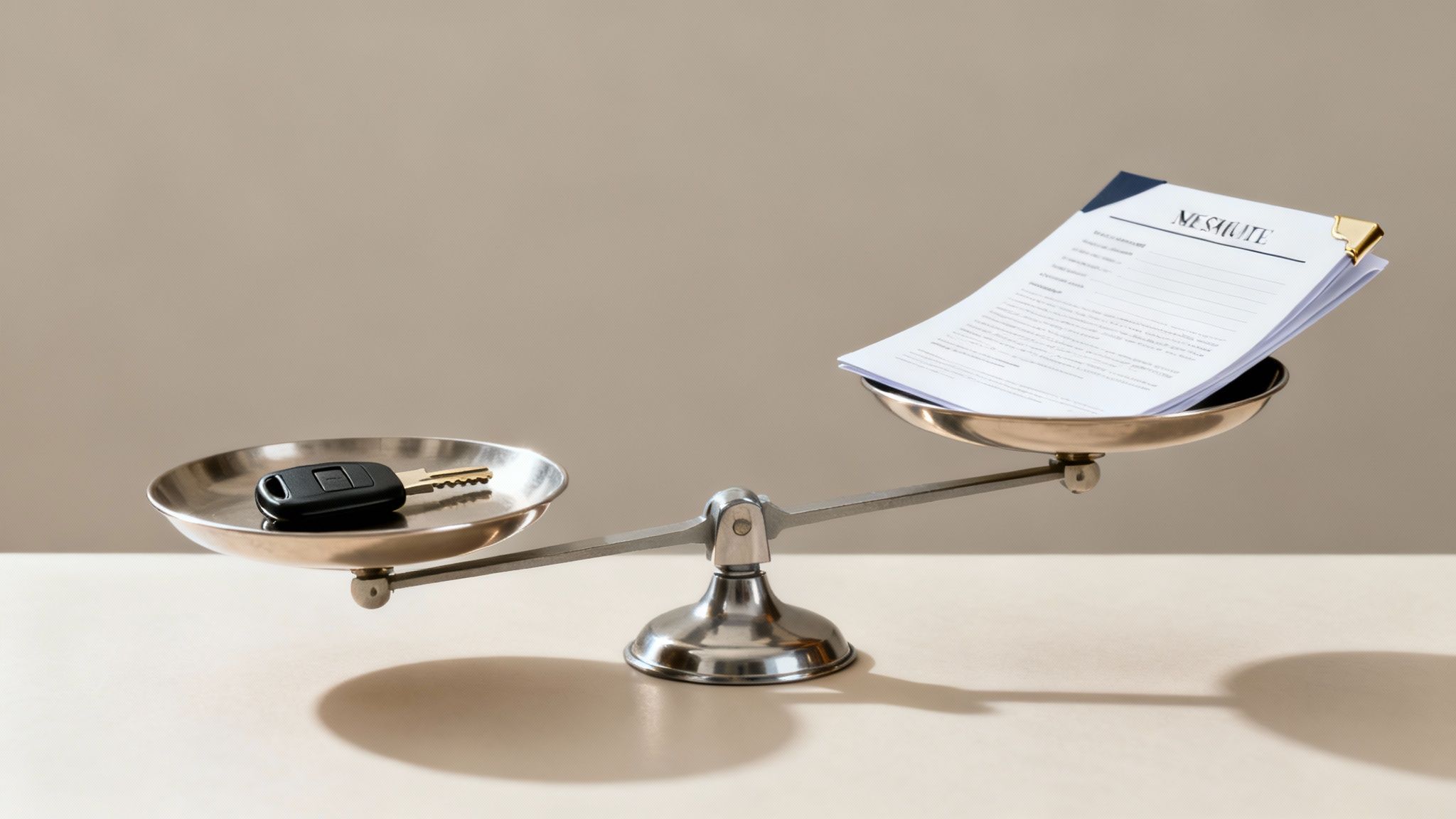 Scales balancing a car key and legal documents, symbolizing the trade-offs in deferred adjudication for DWI cases.