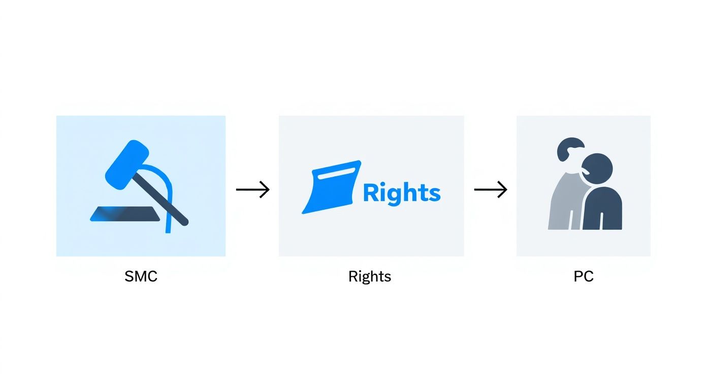 A three-step diagram illustrating the process from SMC to Rights, culminating in PC.