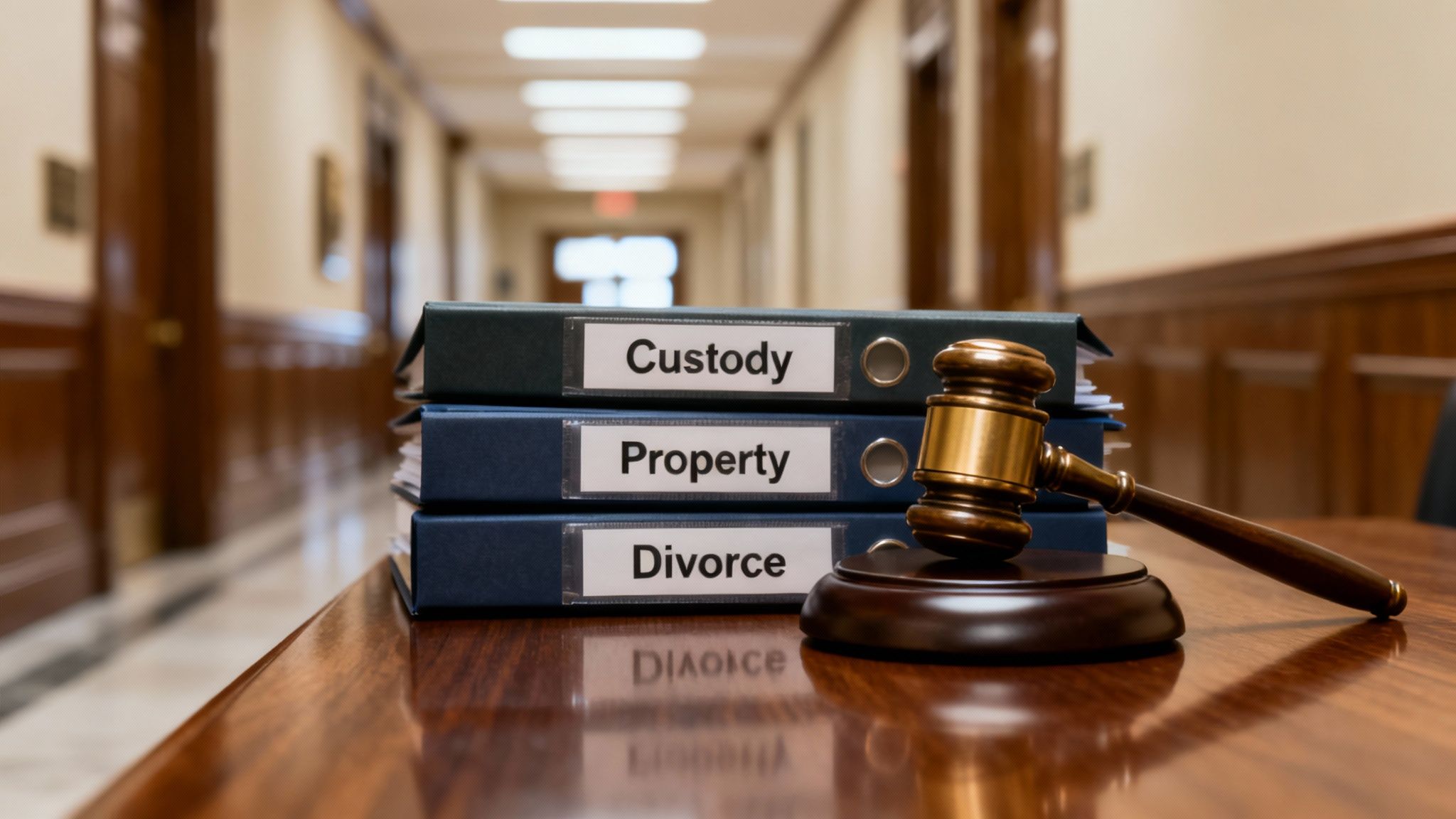 Legal binders labeled Custody, Property, and Divorce stacked with gavel in courthouse hallway