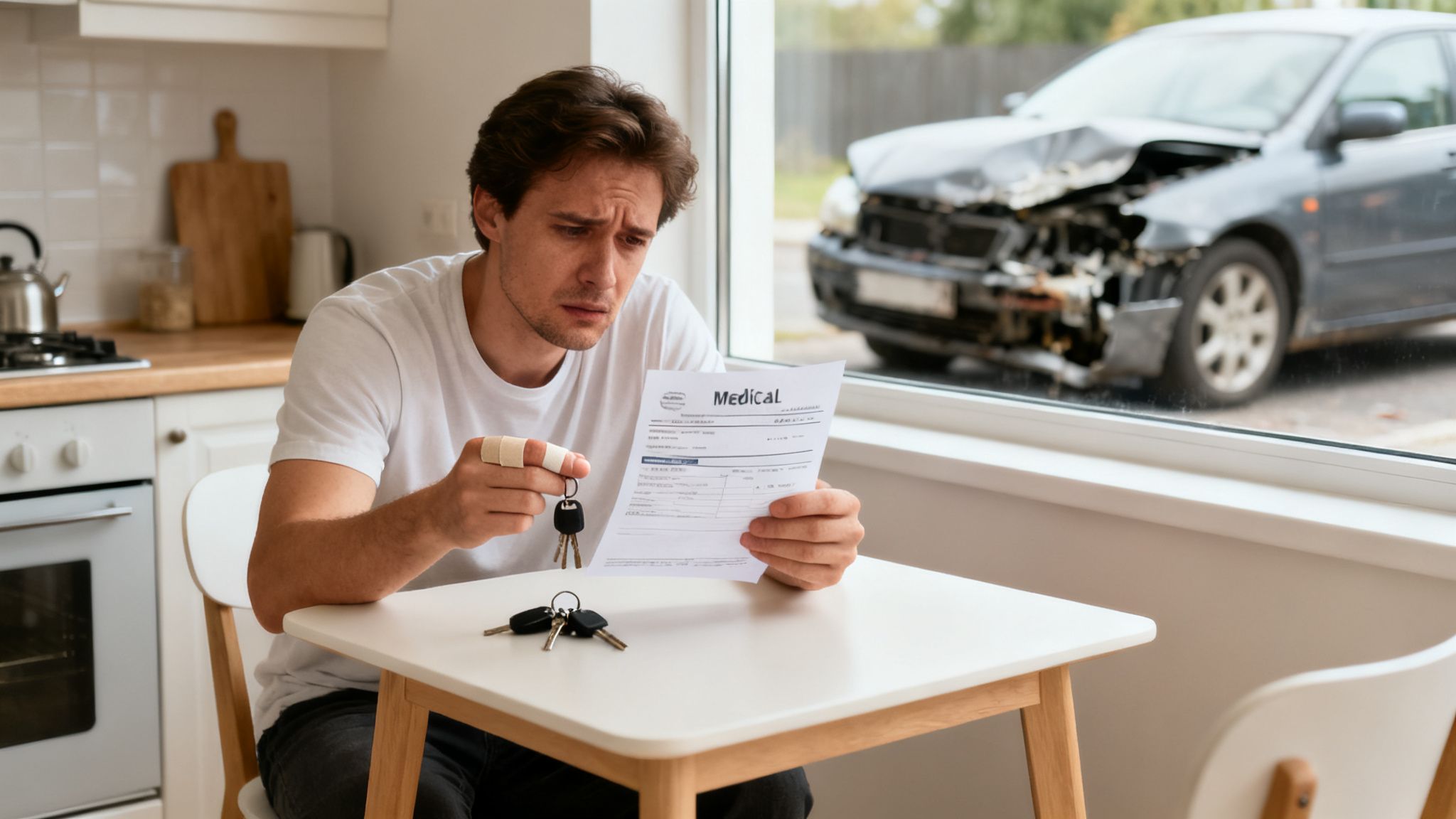 Distressed man with bandaged finger holding medical bill and car keys after car accident.