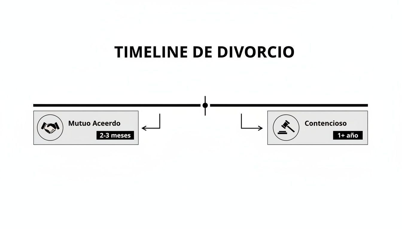 Infografía que compara la duración de un divorcio por mutuo acuerdo (2-3 meses) frente a uno contencioso (más de un año).