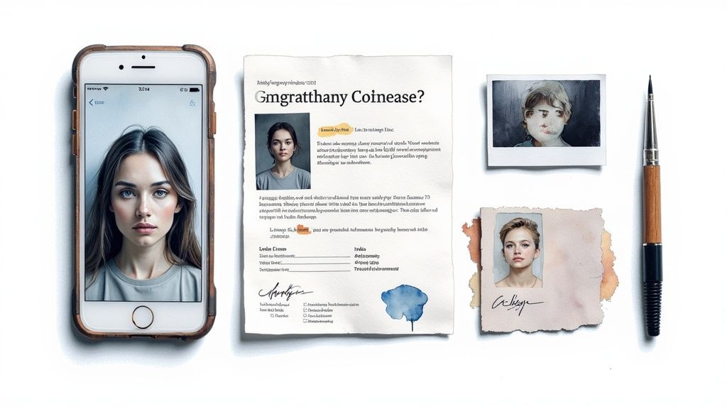 Smartphone displaying a portrait of a woman alongside printed photographs and documents, illustrating evidence gathering for emergency custody cases in family law.
