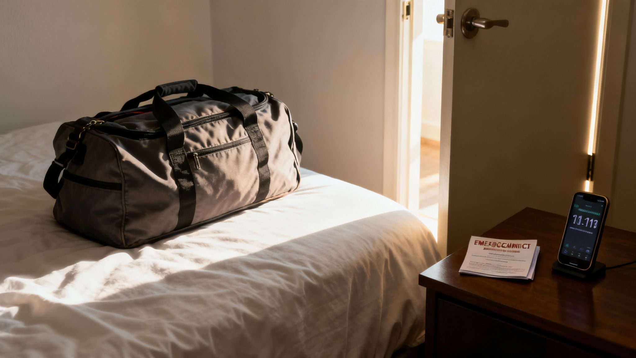 Duffle bag on bed with emergency contact information and smartphone displaying time, symbolizing tenant safety and preparedness in lease termination situations.