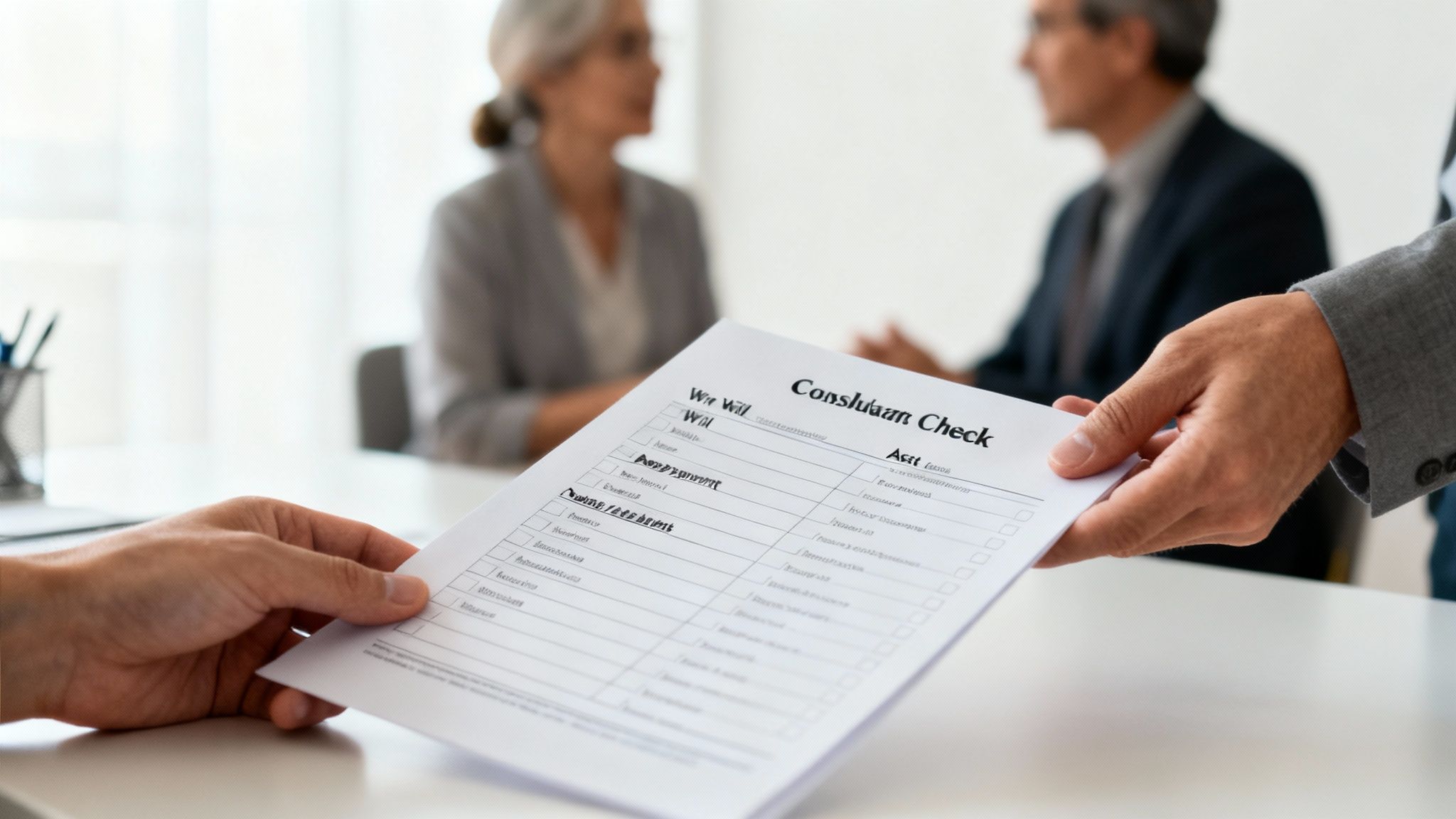 A family and their elder law attorney reviewing documents together