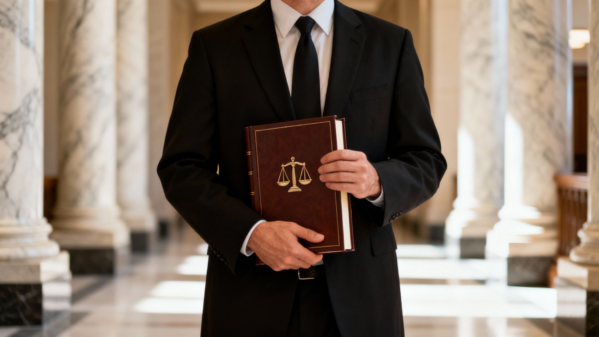 A person in a black suit holds a brown law book adorned with the scales of justice symbol.