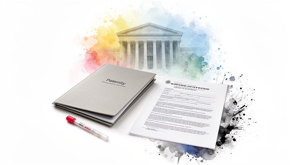 A paternity test folder, legal documents, and a blood sample tube against a courthouse illustration.