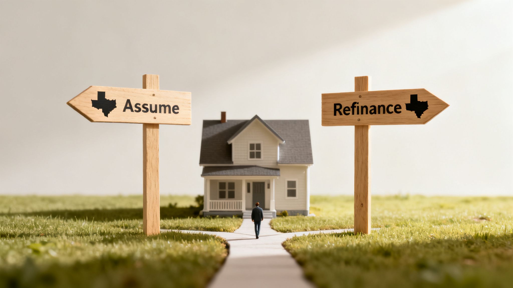 A person facing a miniature house with signs for 'Assume' and 'Refin' mortgage options in Texas.