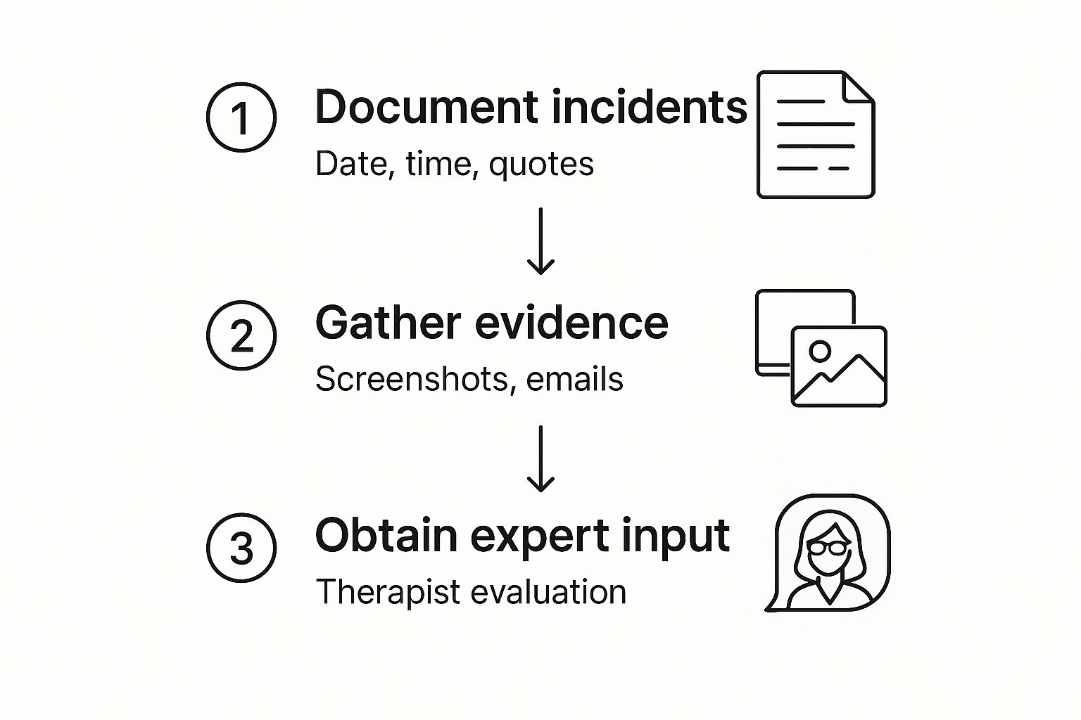 Infographic outlining steps for documenting parental alienation: 1. Document incidents with dates and quotes, 2. Gather evidence through screenshots and emails, 3. Obtain expert input via therapist evaluations.