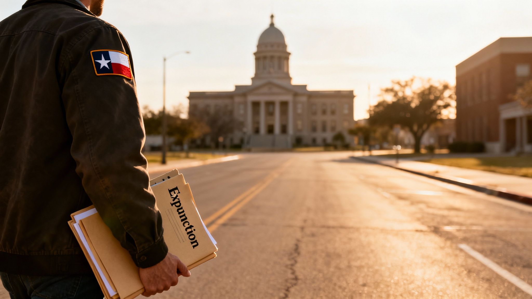Person with Texas flag patch holds expunction documents, facing a courthouse at sunset.