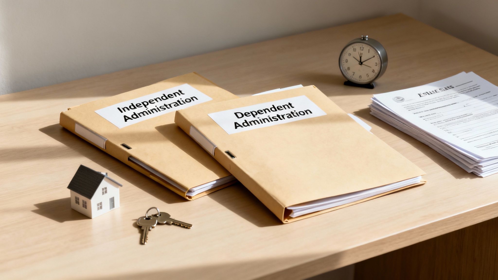 A desk with folders labeled 'Independent Administration' and 'Dependent Administration,' a house model, keys, and estate papers.